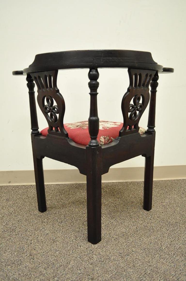 19th Century Georgian English Irish Mahogany Needlepoint Seat Corner Chair 1