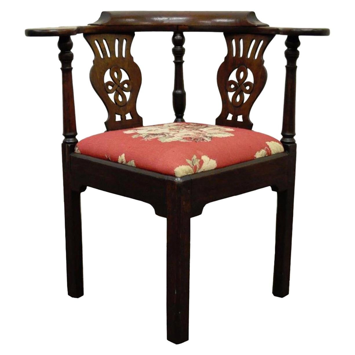 19th Century Georgian English Irish Mahogany Needlepoint Seat Corner Chair