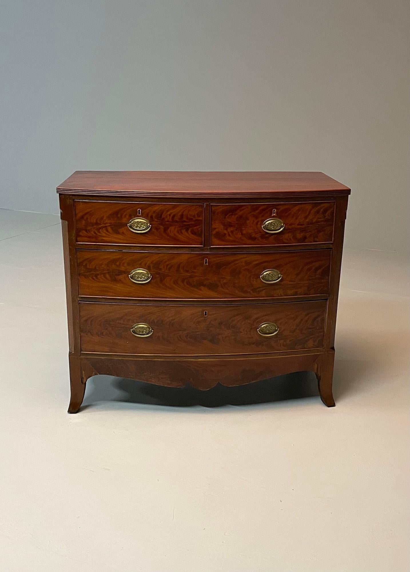 English 19th Century Georgian Flame Mahogany Bow Front Commode / Chest of Drawers
