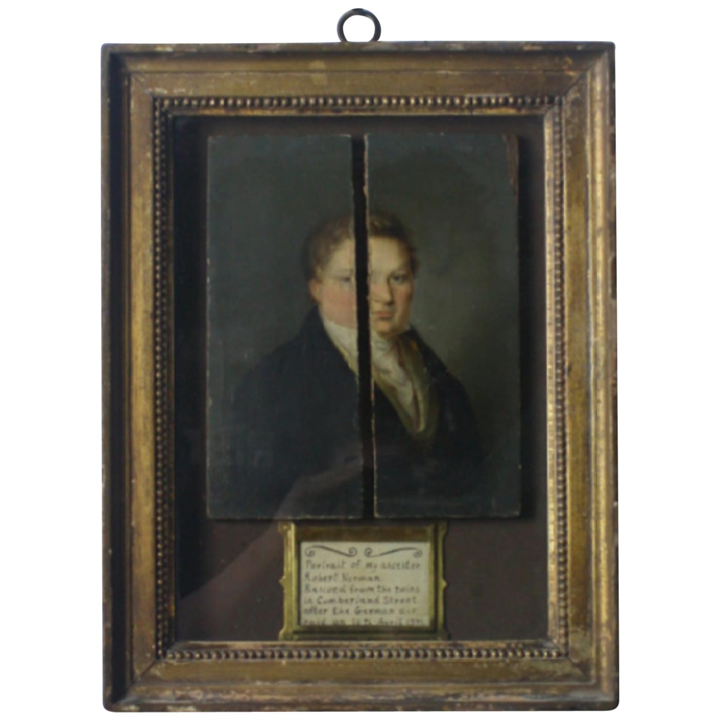 A portrait of a late Georgian gentleman, oil on board 
That has been remounted in a 19th century gilt and gesso shadow box with a attached label reading 
