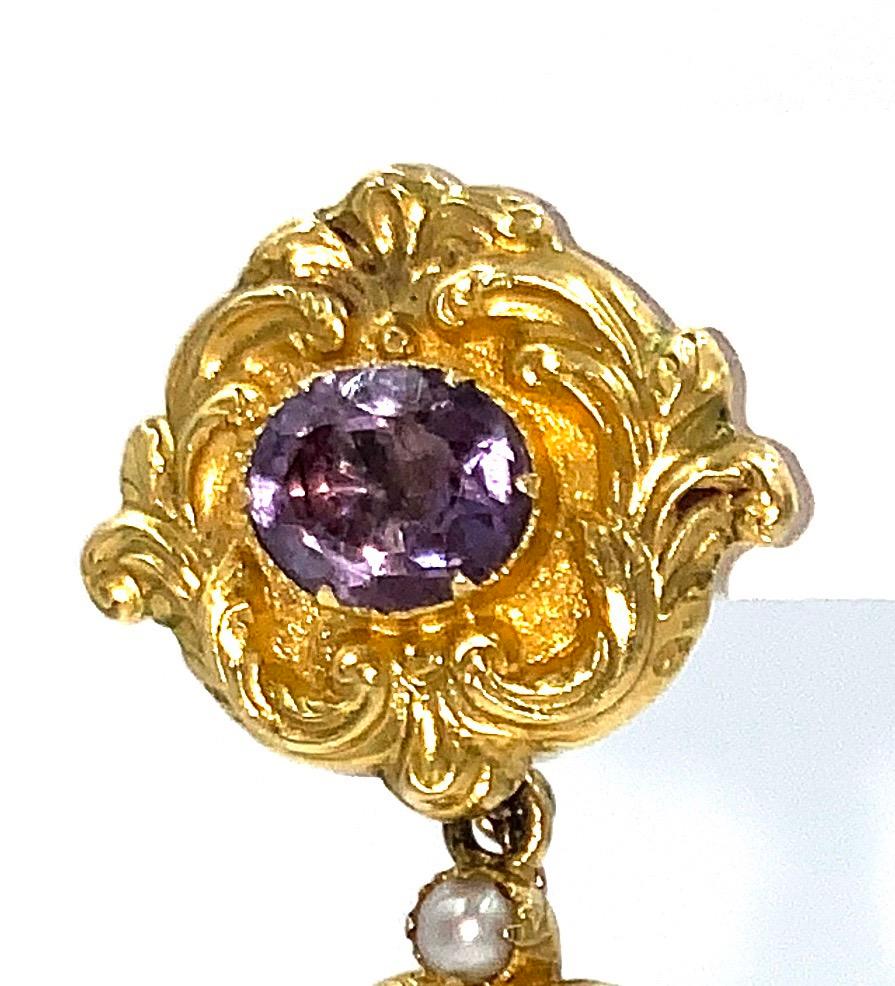 19th Century Georgian Gold Amethyst Peridot and Pearl Earrings 2