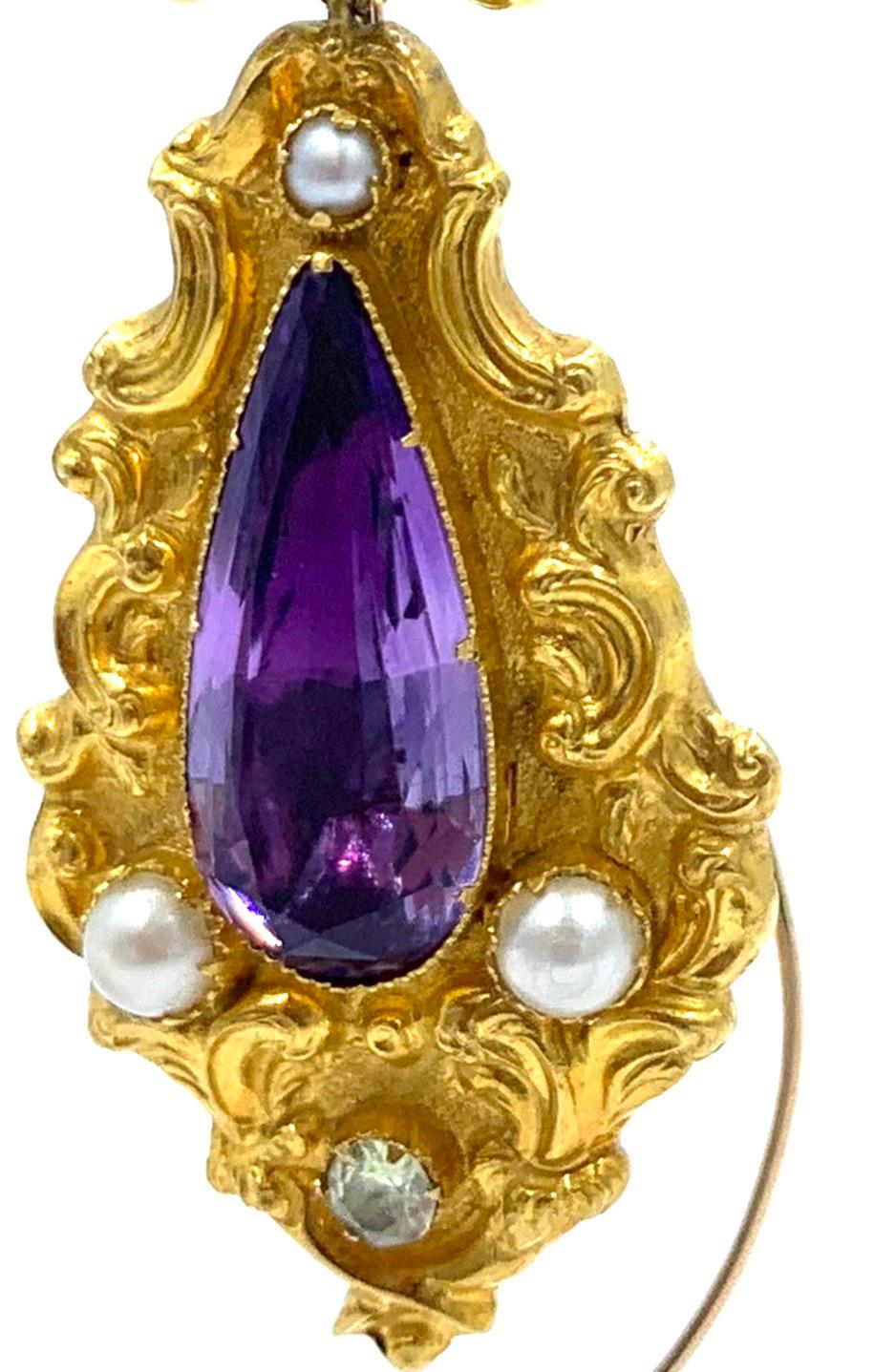19th Century Georgian Gold Amethyst Peridot and Pearl Earrings 4