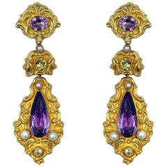 19th Century Georgian Gold Amethyst Peridot and Pearl Earrings