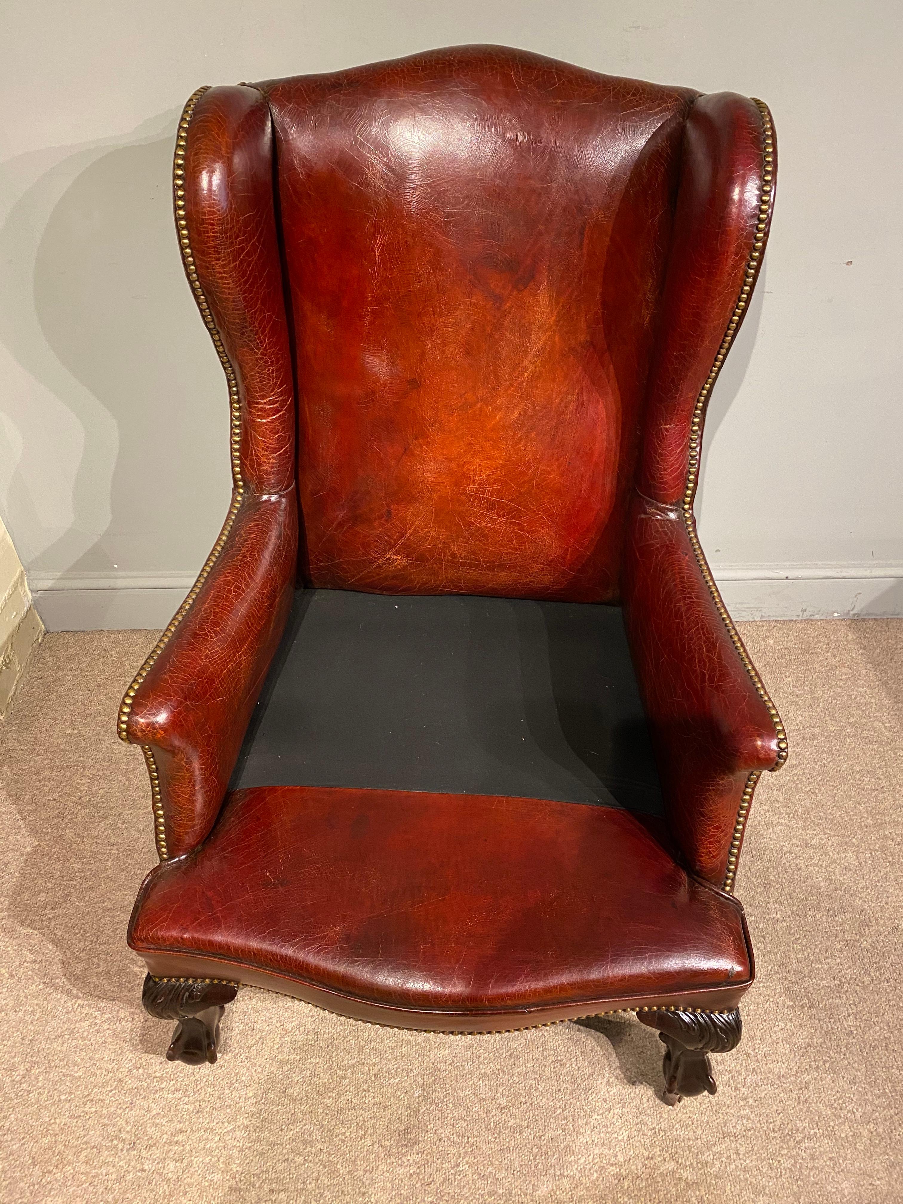 19th Century Georgian Leather and Mahogany Wingback Chair 2