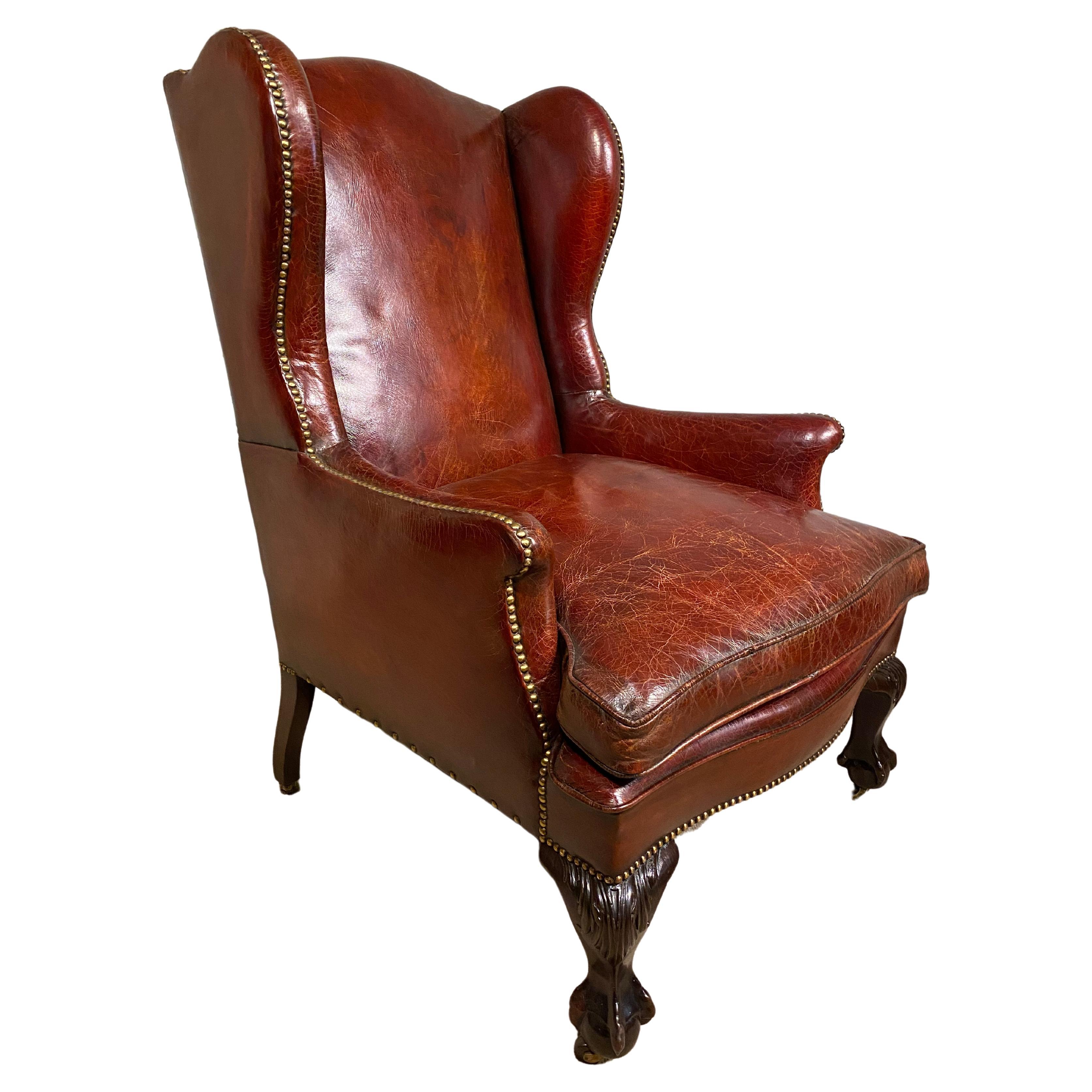 19th Century Georgian Leather and Mahogany Wingback Chair