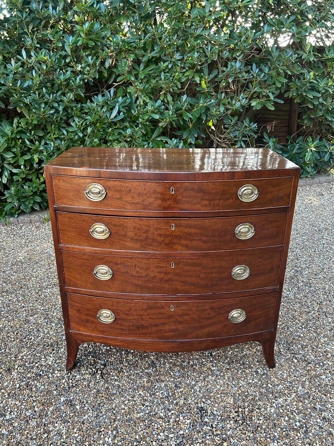 Cassettone georgiano del XIX secolo in mogano con quattro lunghi cassetti rivestiti in Oak, maniglie ovali in ottone e piedi a staffa strombati.

Circa: 1820

Dimensioni:
Altezza:  35,75 pollici - 91 cm
Larghezza: 36 pollici (91,5 cm)
Profondità:  
