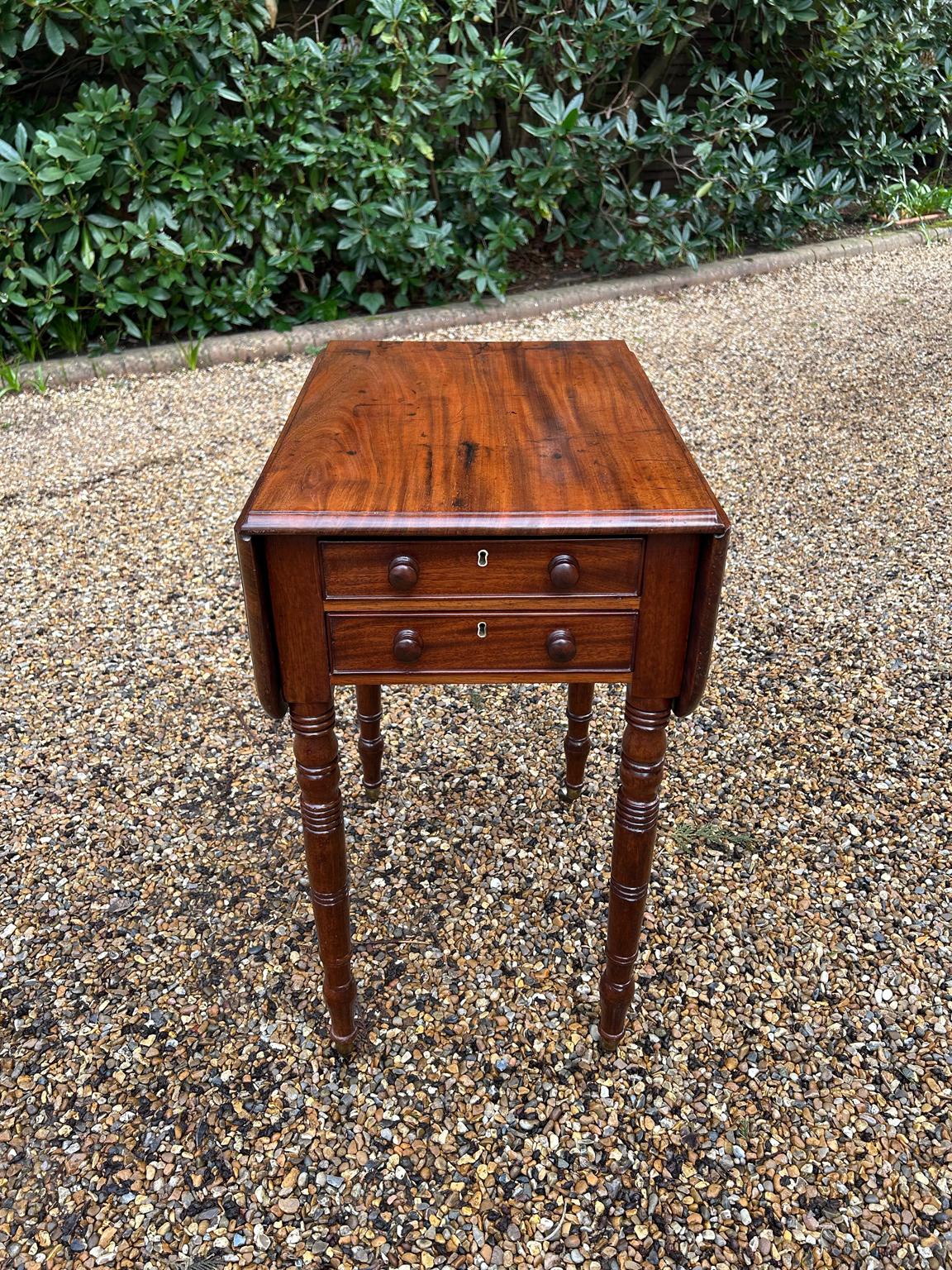 19th Century Georgian Mahogany Drop Leaf Work Table, fitted with two mahogany lined drawers with dummy drawers to back, bun handles, raised on turned legs.

Circa: 1820

Dimensions:
Height: 28 inches – 70.5 cms
Depth: 21.5 inches – 54 cms
Width:  15
