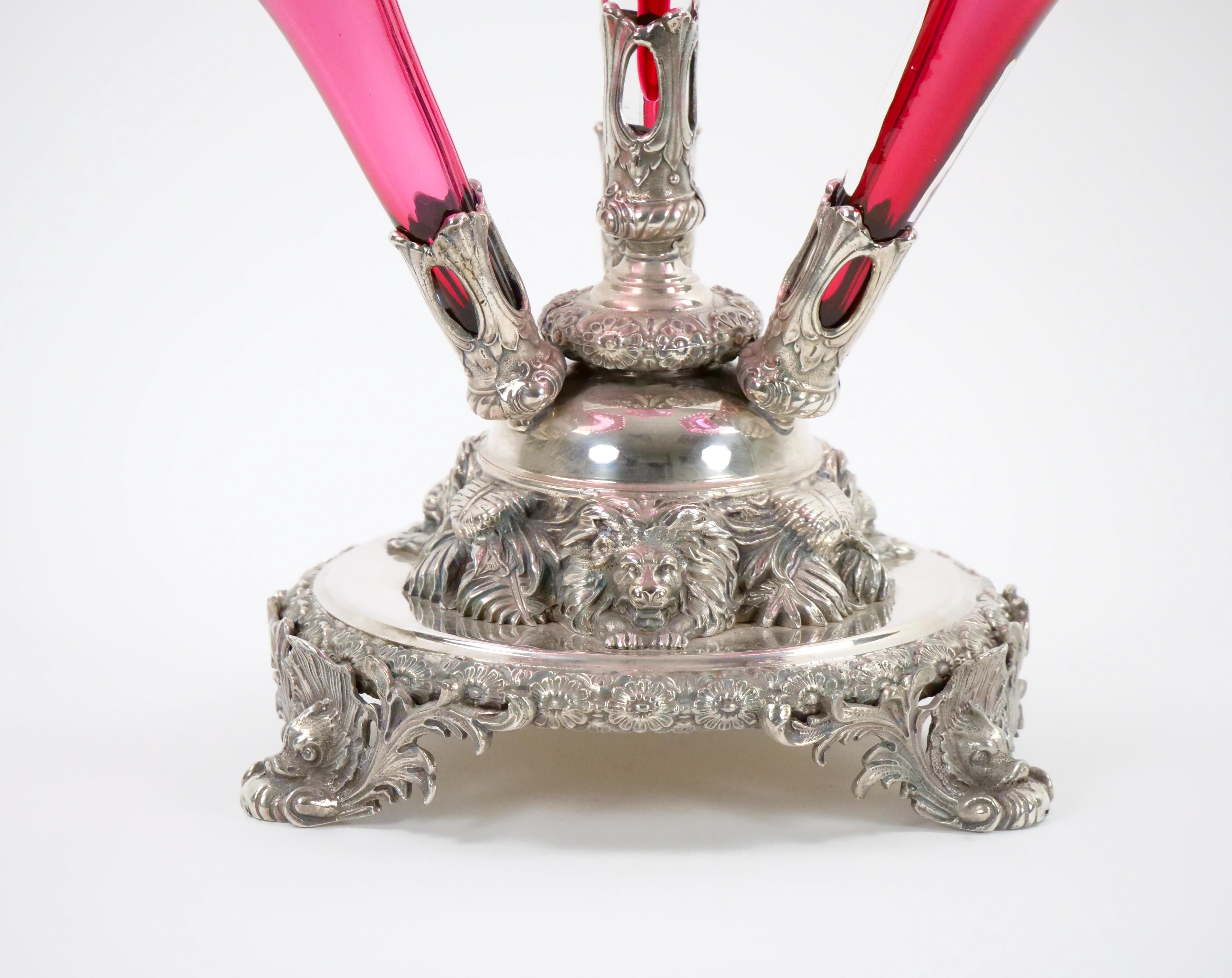 Hand-Crafted 19th Century Georgian Old English Silver Plate and Glass Epergne Centerpiece For Sale