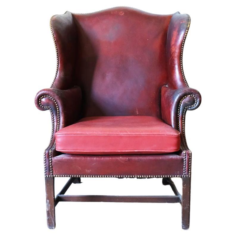 19th Century Georgian Red Leather-Upholstered Wingback Armchair For Sale