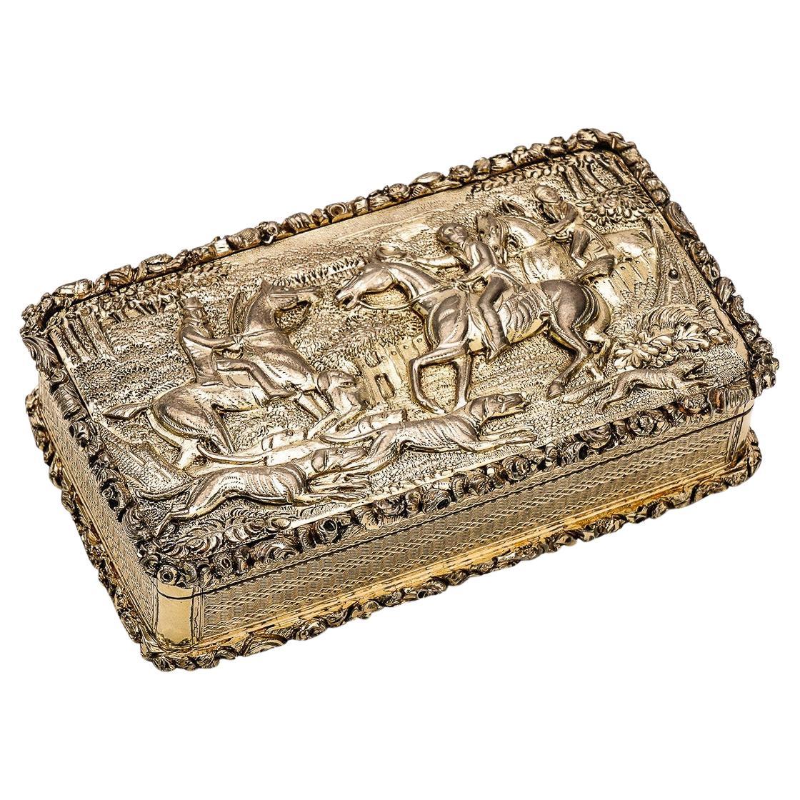 19th Century Georgian Solid Silver-Gilt Hunting Snuff Box, Birmingham, c.1830