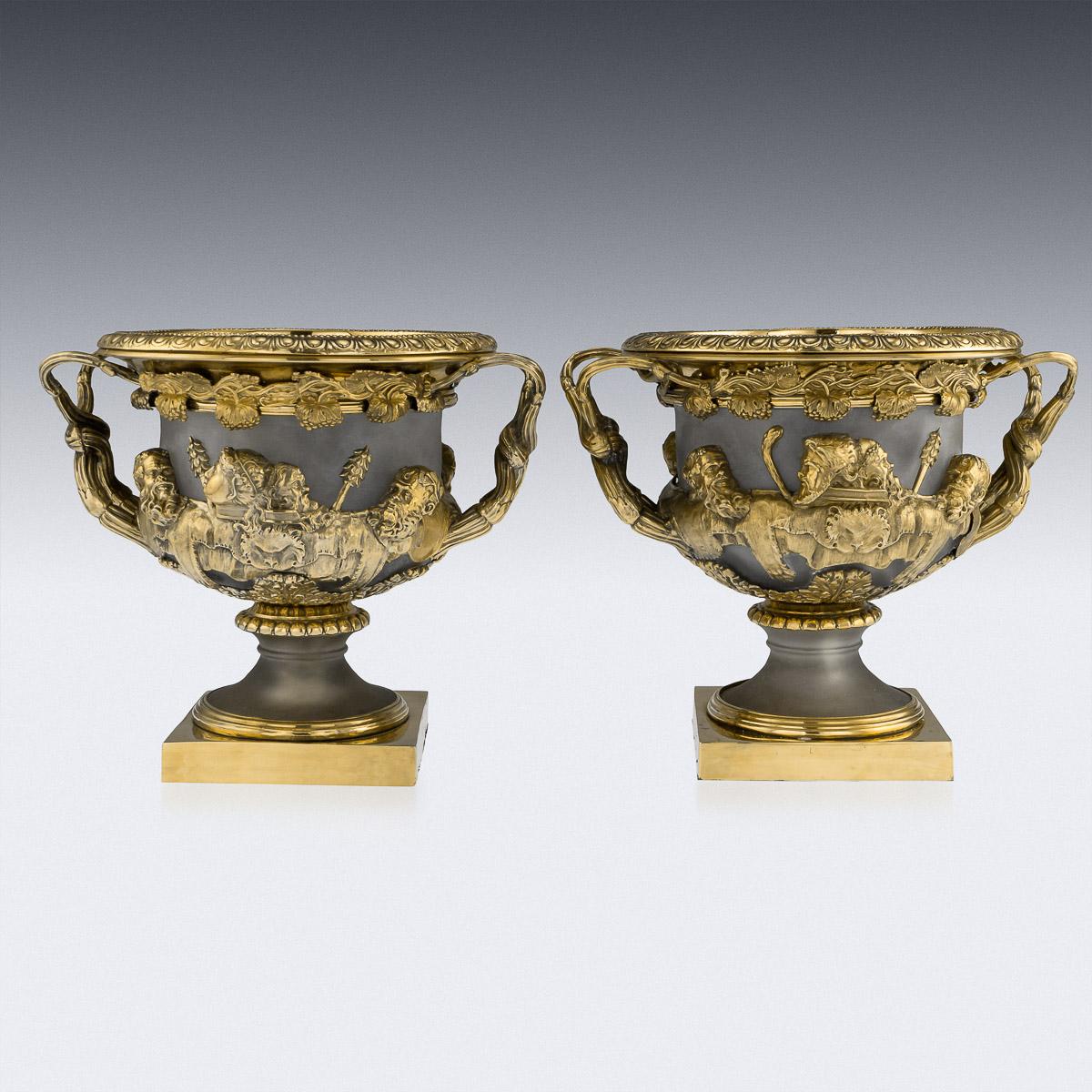 Antique 19th century Georgian exceptionally rare and unusual solid silver-gilt mounted on frosted glass pair of Warwick wine coolers, of typical form on square bases, with pedestal stems and acanthus at base of bowl, the sides applied with classical