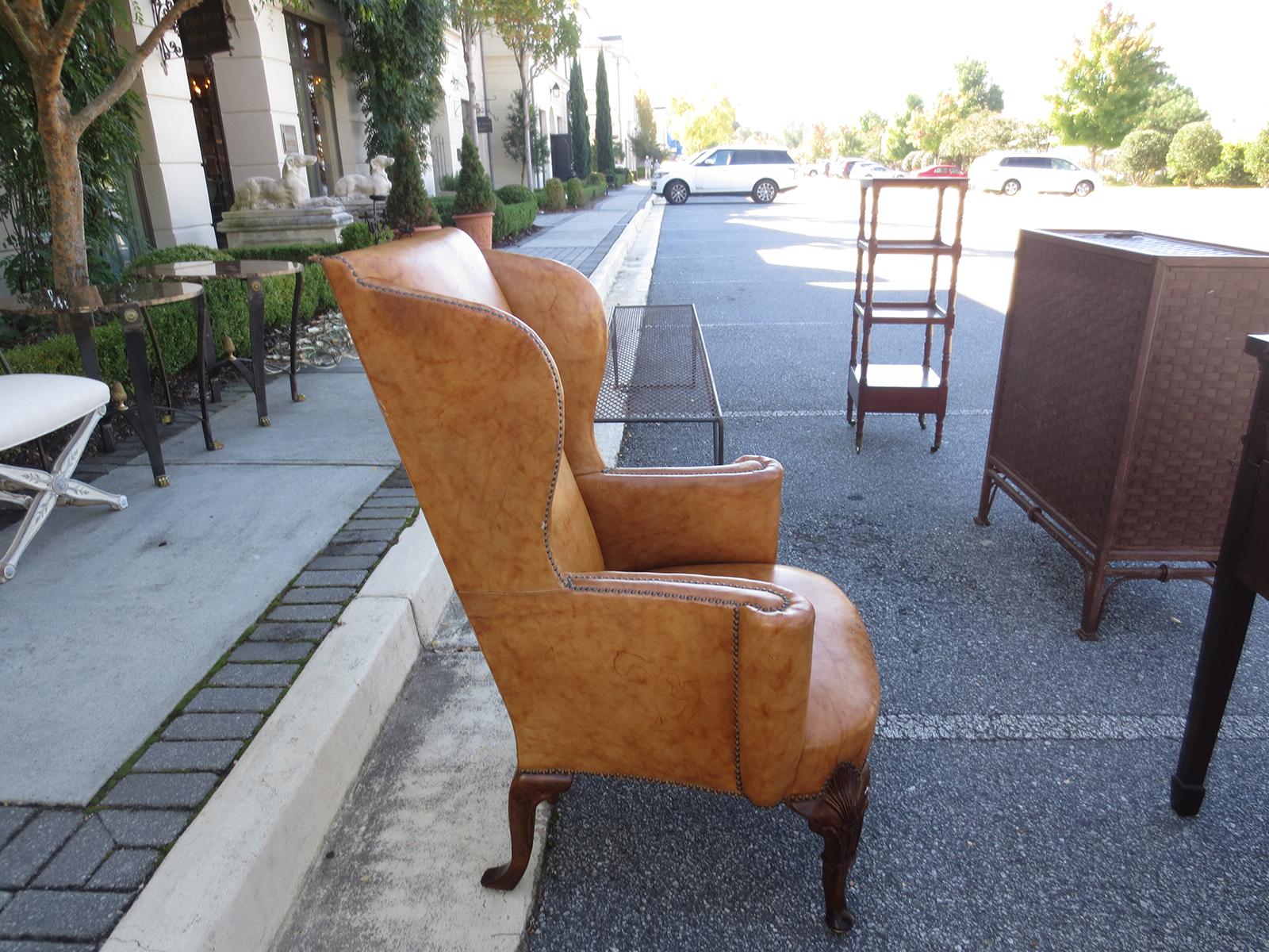 19th Century English Georgian Style Leather Wing Chair, Walnut Cabriole Legs For Sale 1