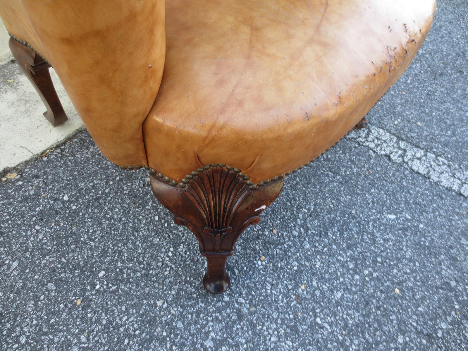 19th Century English Georgian Style Leather Wing Chair, Walnut Cabriole Legs For Sale 2