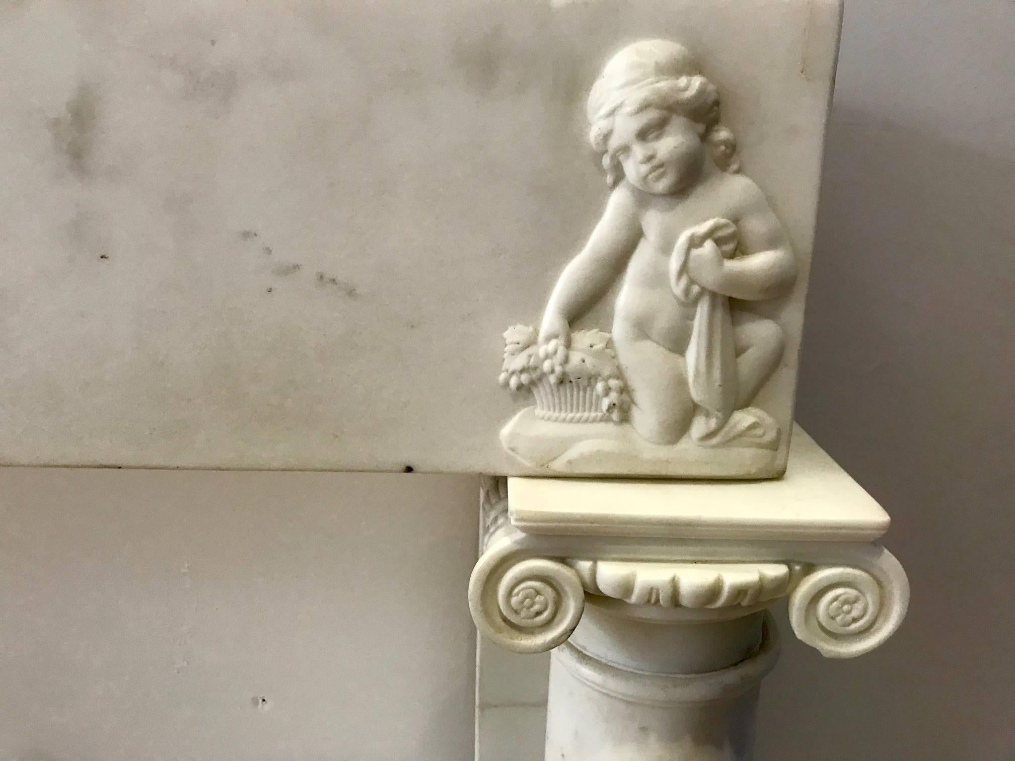 Carved 19th Century Georgian White Statuary Marble Fireplace Surroundiece