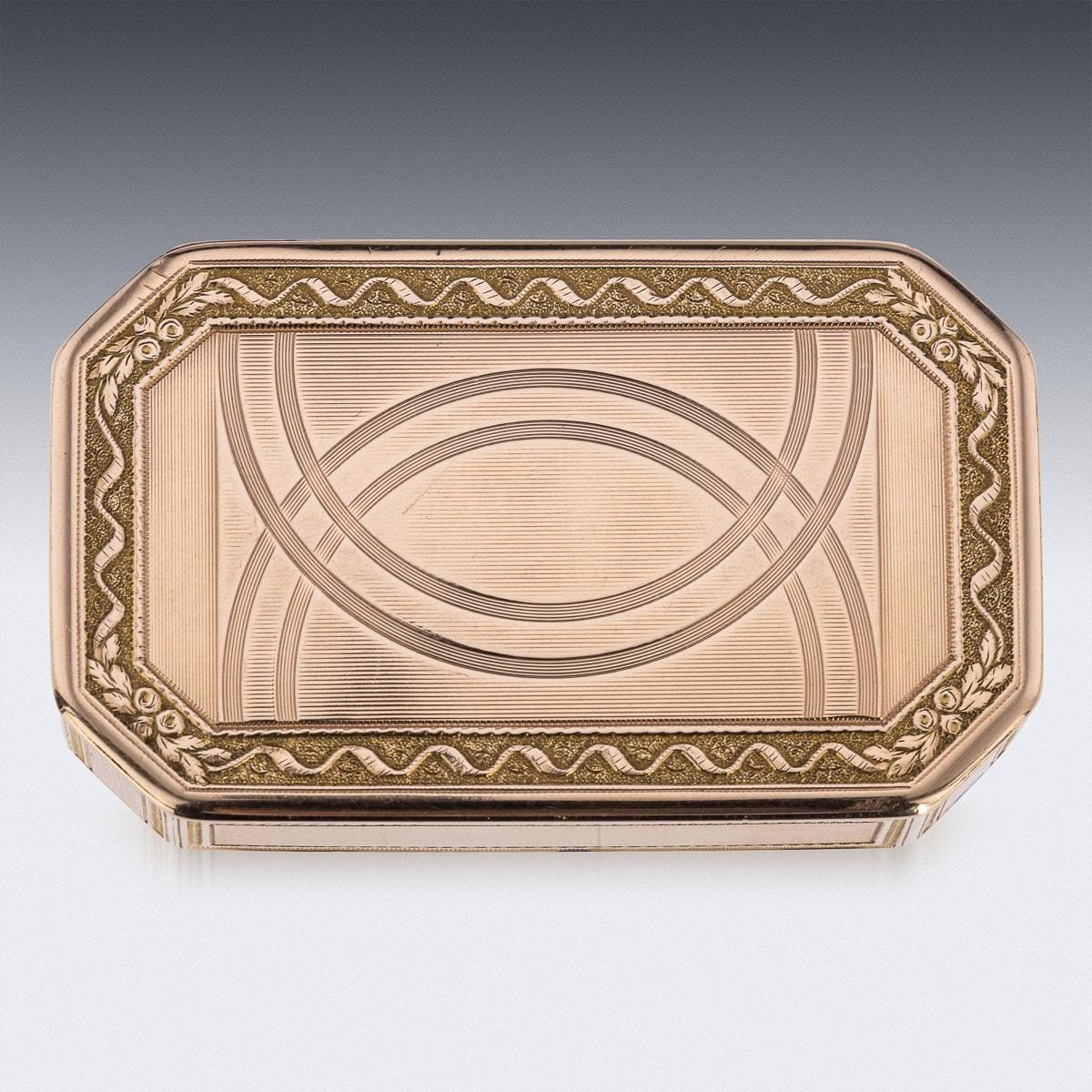 Antique early-19th century German 18k (750 standard) gold snuff box, of rectangular form with cut corners, engine turned decoration engraved with circular motifs, surrounded by floral border and engine turned decoration. Hallmarked and gold tested