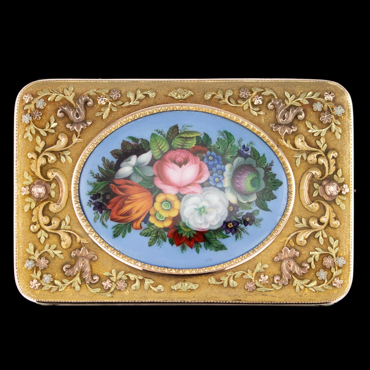 Antique mid-19th century German 18-karat gold snuff box, of traditional rectangular form, the cover applied with central enameled oval plaque depicting a bouquet of flowers, surrounded lid decorated with applied flowers in three colors of gold,