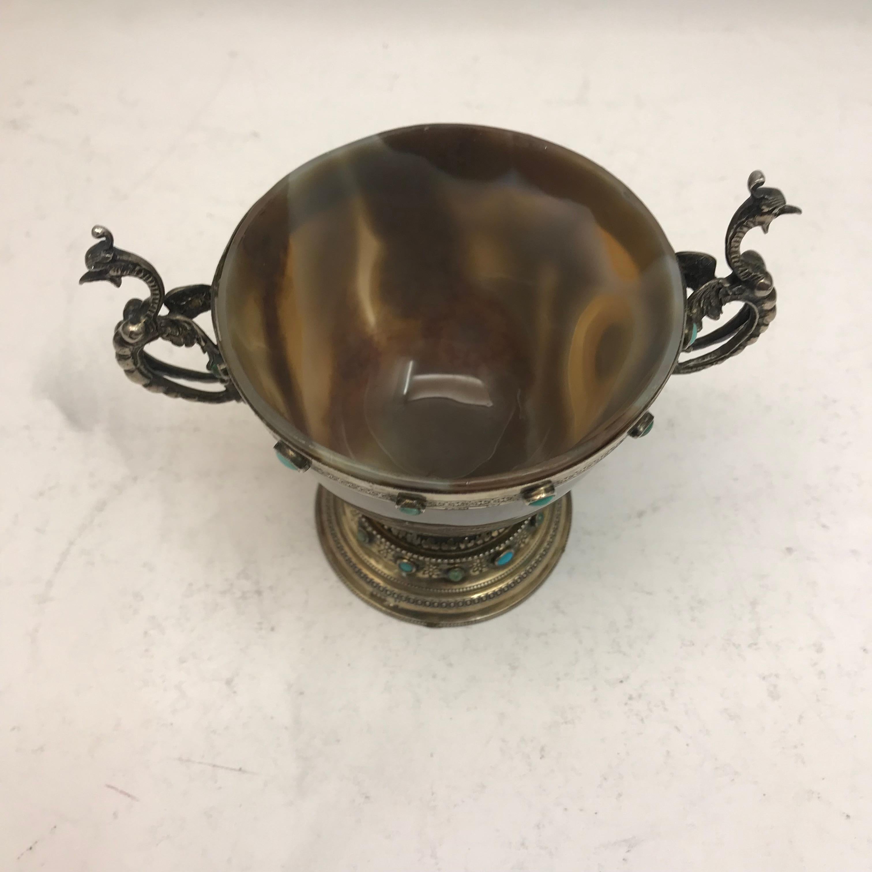 Antique agate and silver cup, made in Germany in circa 1850. 
With a decorated silver border and handles. 
 