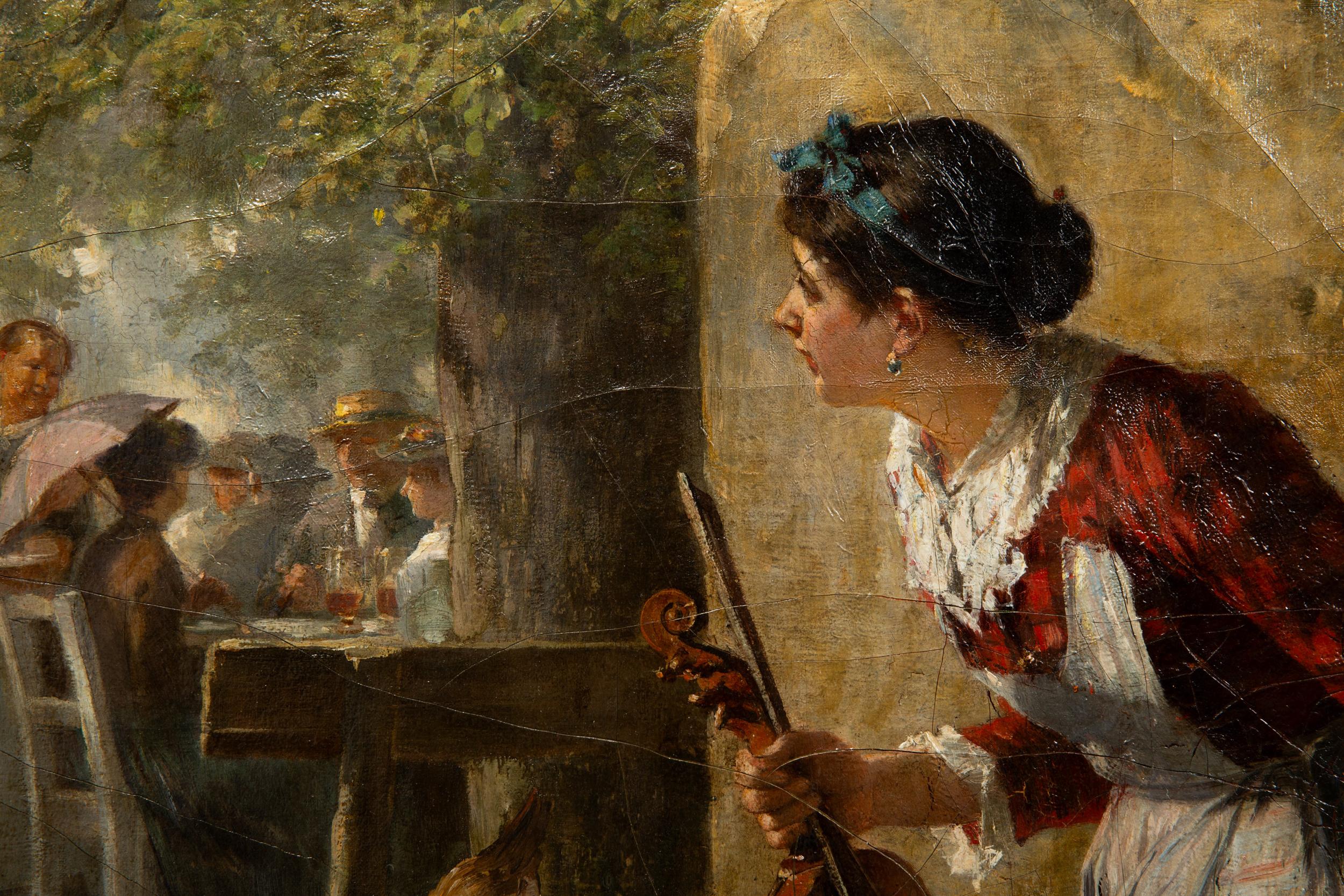 19th Century German Antique Oil Realist School Painting “The Blind Fiddler