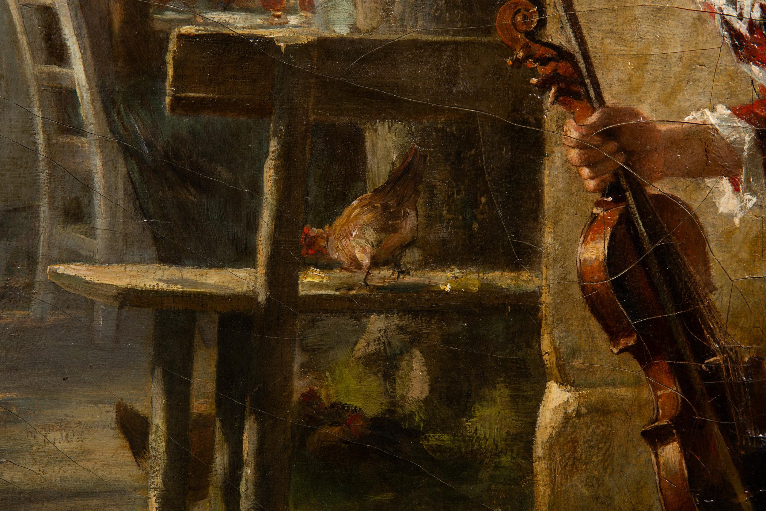 19th Century German Antique Oil Realist School Painting “The Blind Fiddler