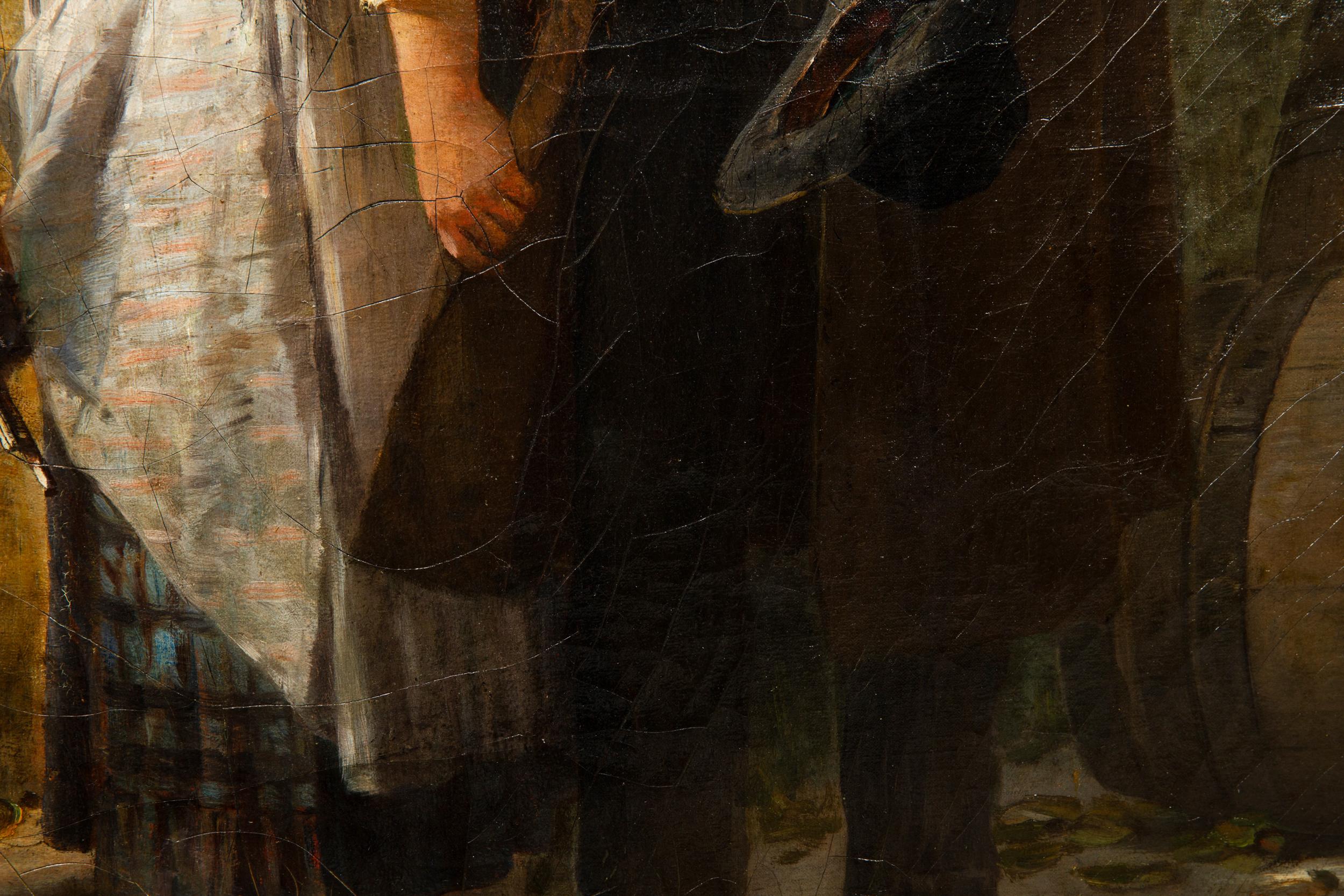 19th Century German Antique Oil Realist School Painting “The Blind Fiddler