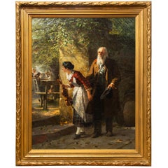 19th Century German Antique Oil Realist School Painting “The Blind Fiddler"