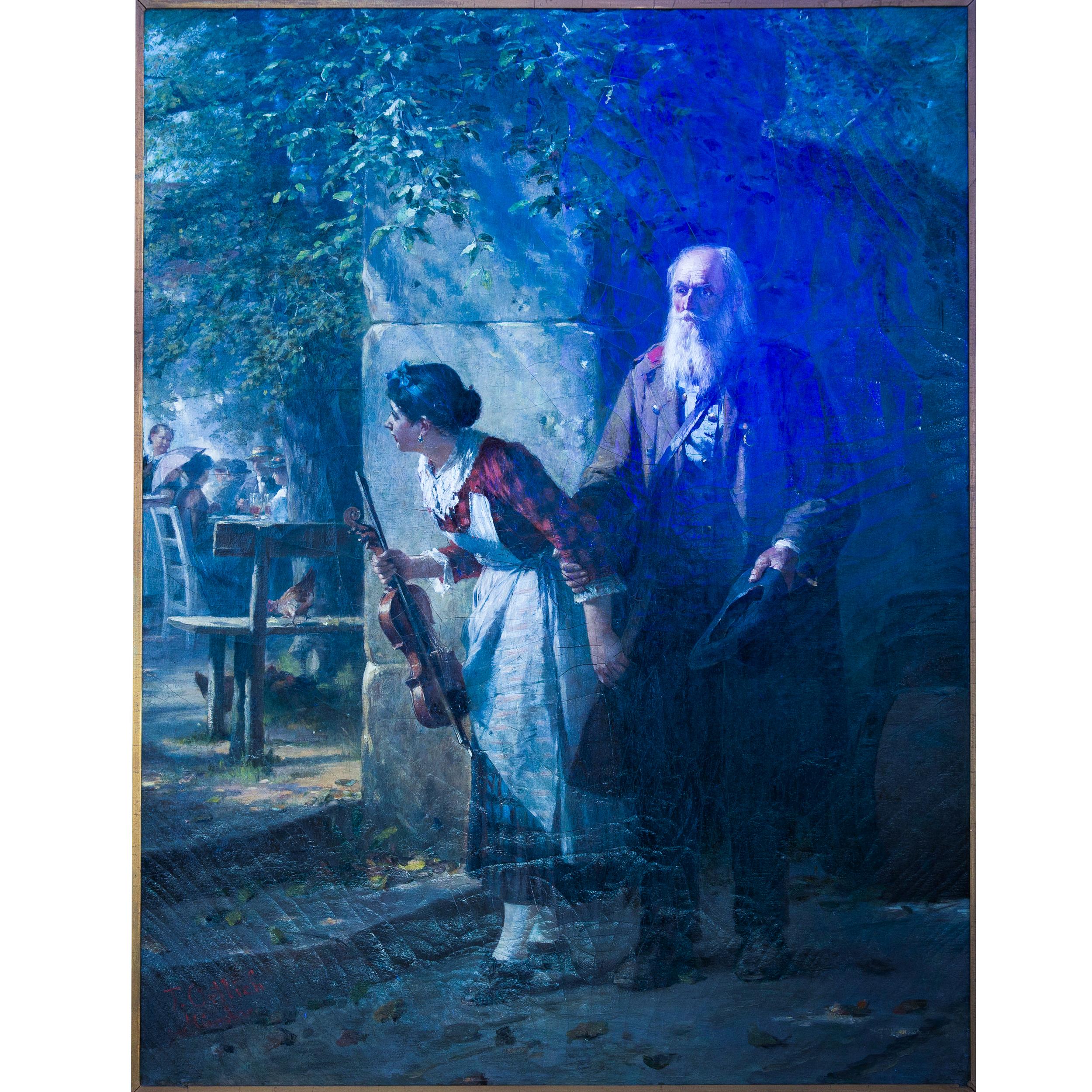 19th Century German Antique Oil Realist School Painting “The Blind Fiddler