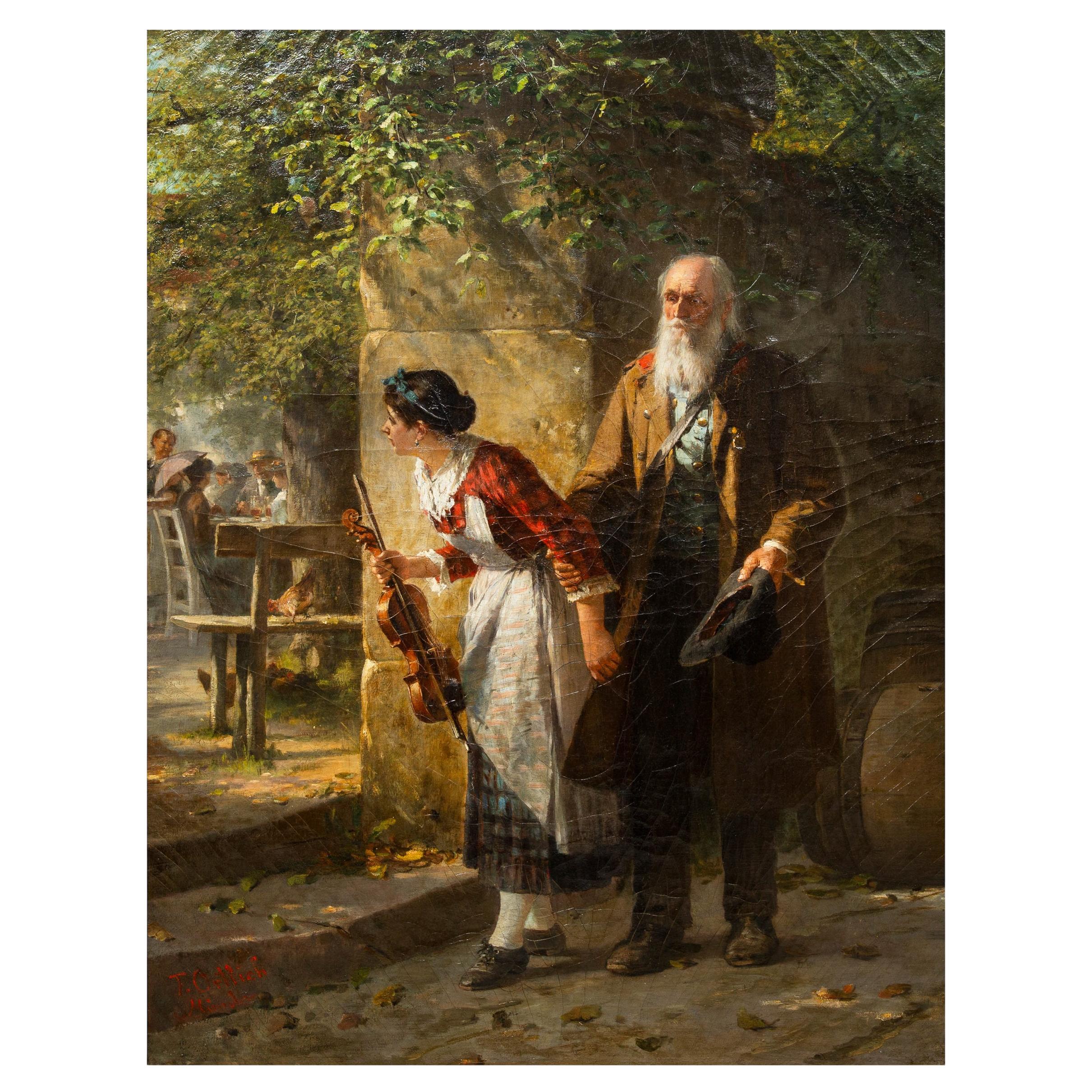 19th Century German Antique Oil Realist School Painting “The Blind Fiddler"
