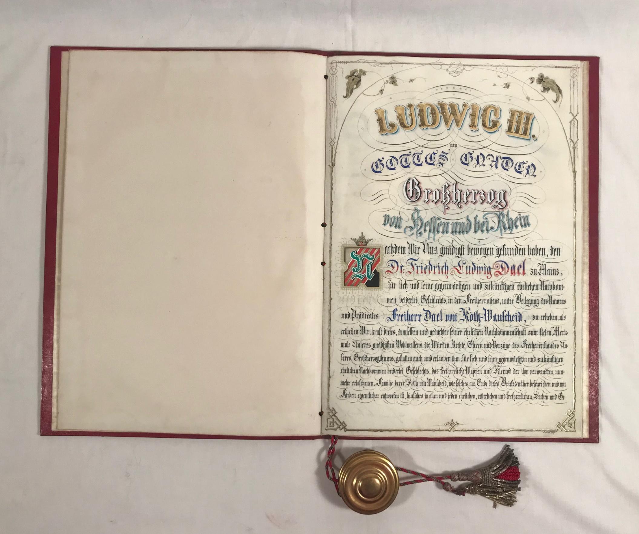 Leather 19th Century German Baronship Document, Archduke Ludwig III of Hessen For Sale