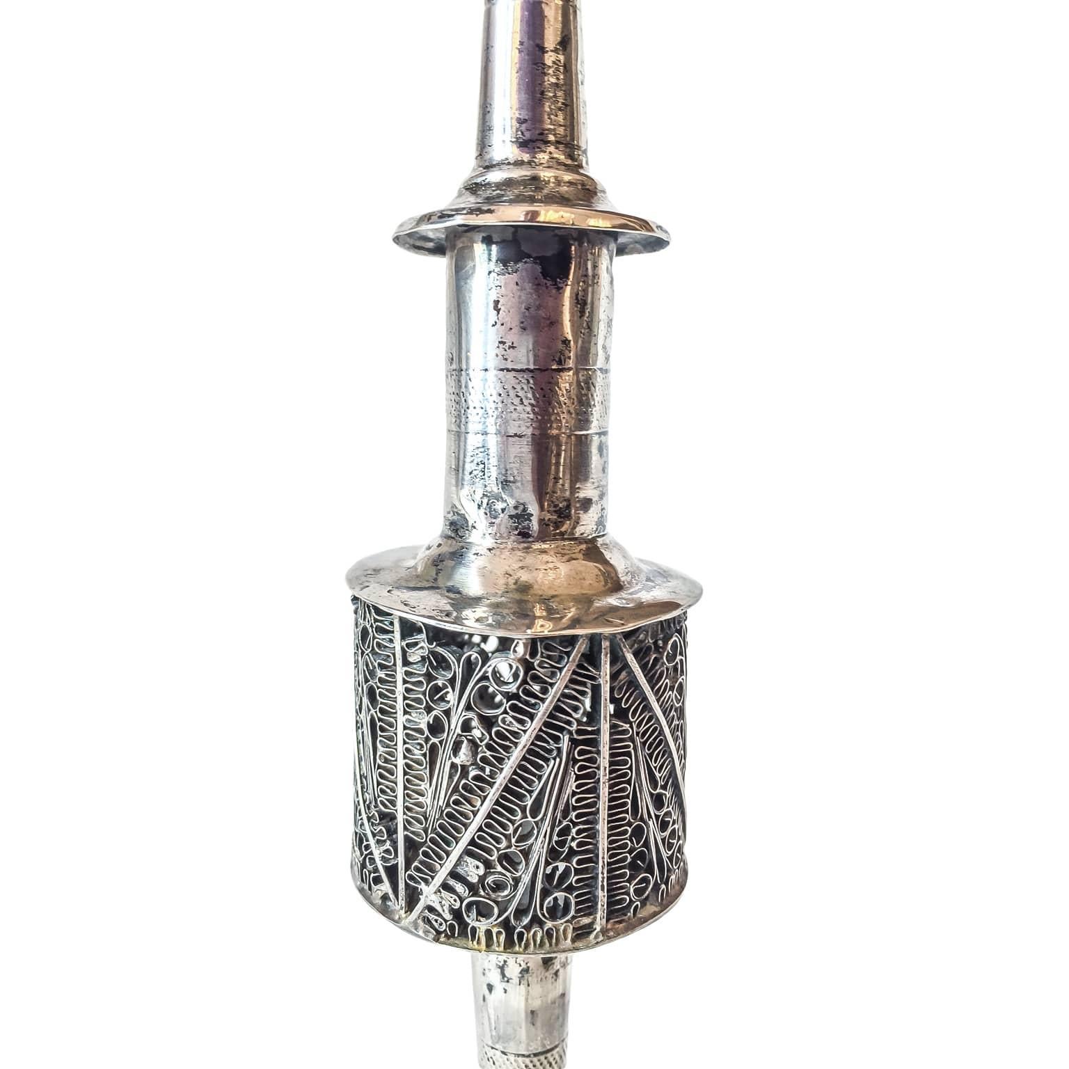 Antique Judaica Havdalah Besamin dating back to late 19th century, a silver and filigree spice tower. The Havdalah spice tower is set on a round base with Continental silver marks, hallmarked by German silver maker Weichhardt Rudolf, active in