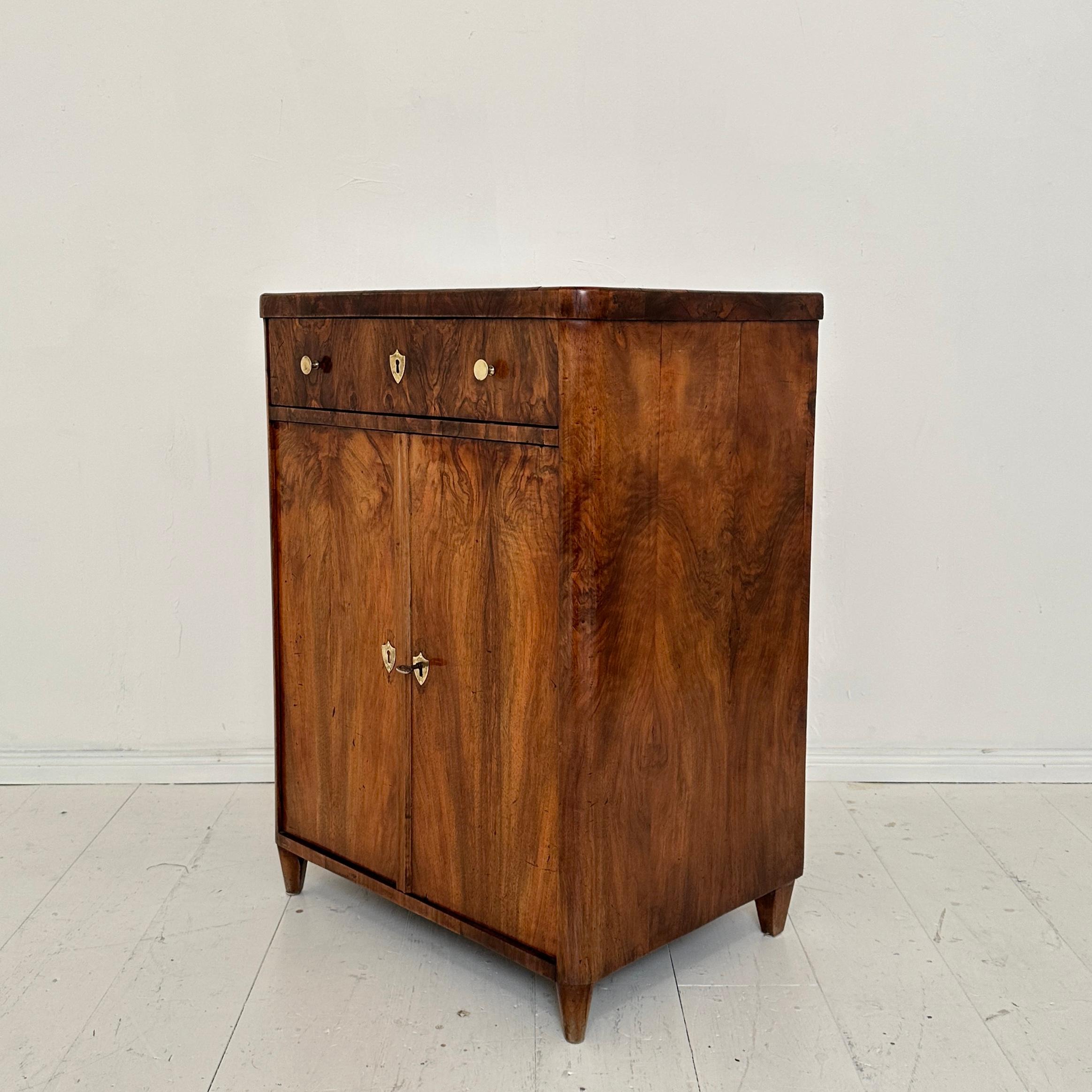La cassettiera Biedermeier tedesca del XIX secolo, realizzata intorno al 1830, esemplifica l'eleganza e la funzionalità dello stile Biedermeier. Realizzato con un robusto corpo in pino, presenta una ricca impiallacciatura in noce, che aggiunge