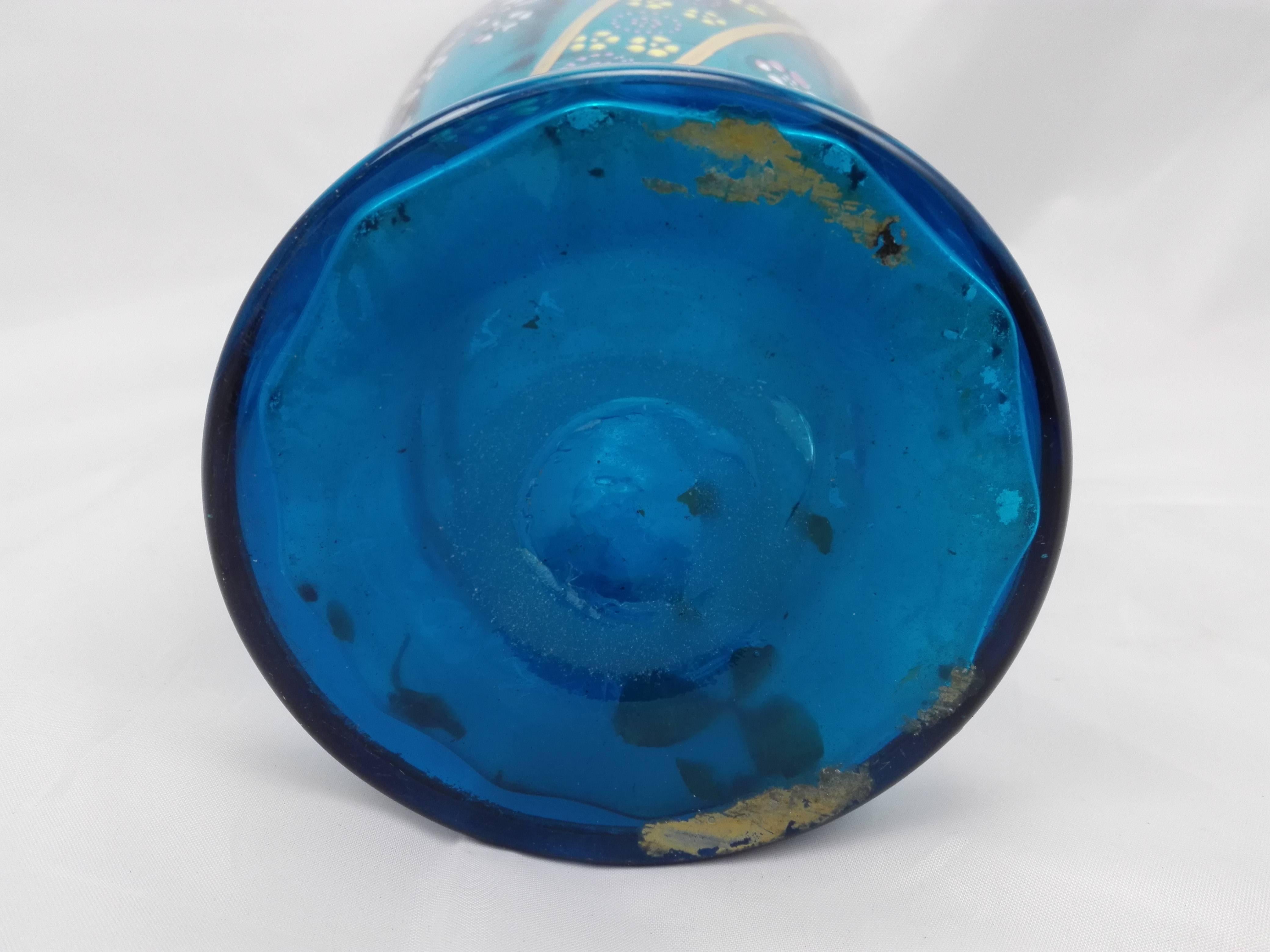 19th Century German Biedermeier Light Blue Mouth Blown Glass Jug Hand-Painted For Sale 1