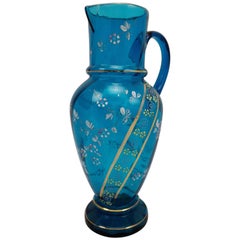 19th Century German Biedermeier Light Blue Mouth Blown Glass Jug Hand-Painted