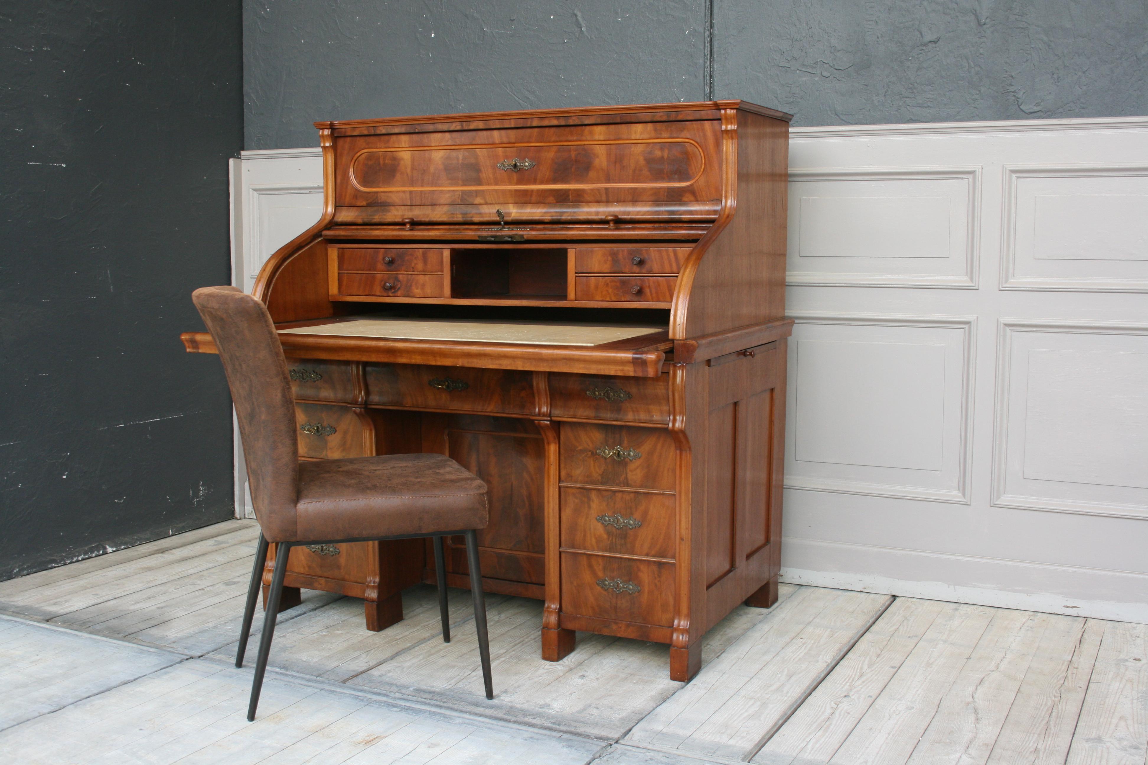 Veneer 19th Century German Biedermeier Roll Top Desk