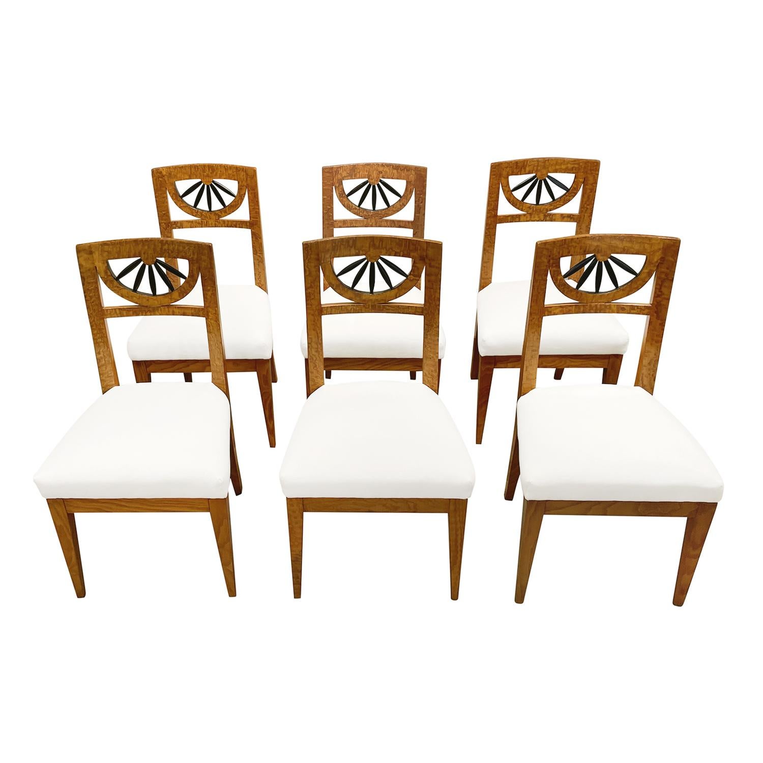 Veneer 19th Century German Biedermeier Set of Six Antique Birchwood Dining Room Chairs