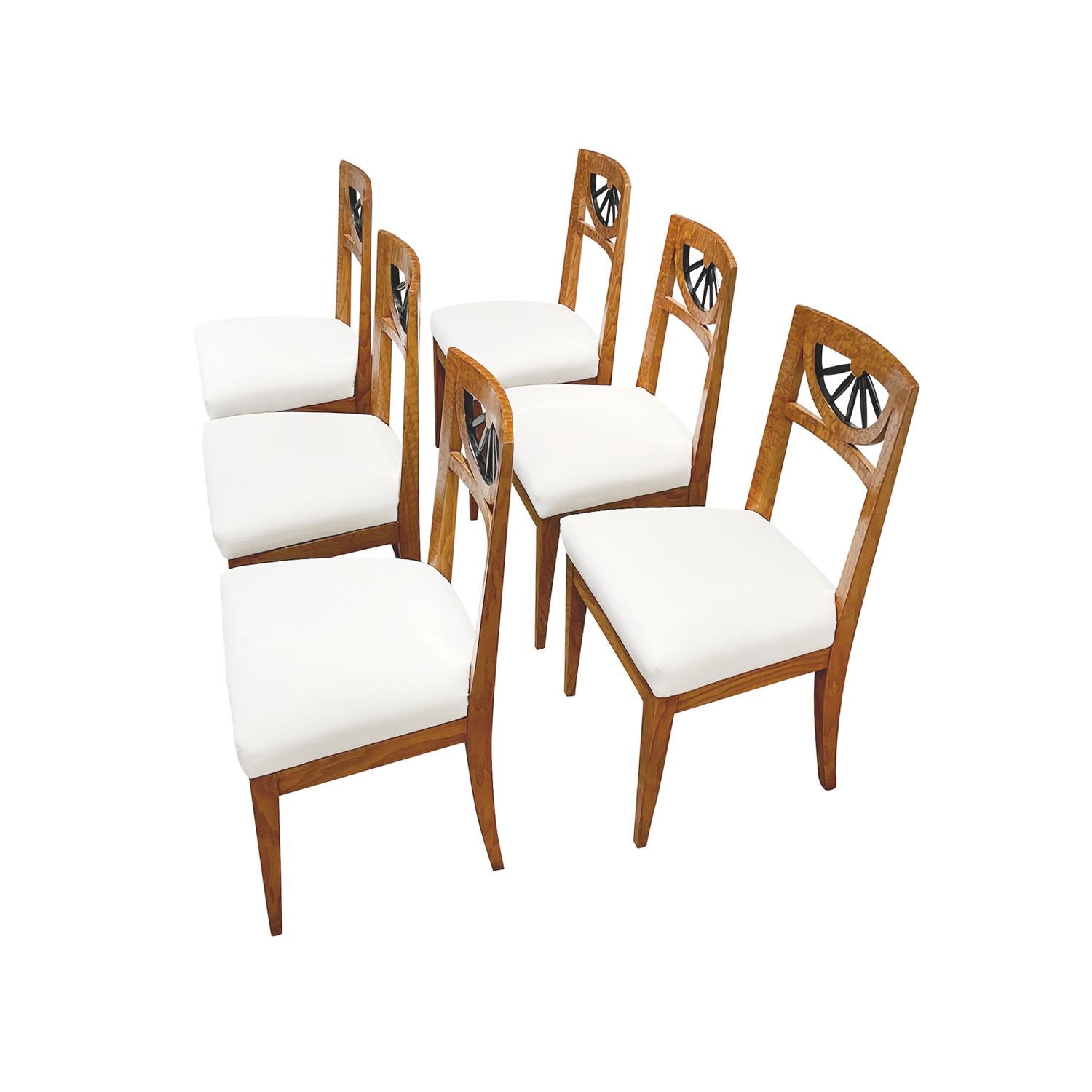 Fabric 19th Century German Biedermeier Set of Six Antique Birchwood Dining Room Chairs