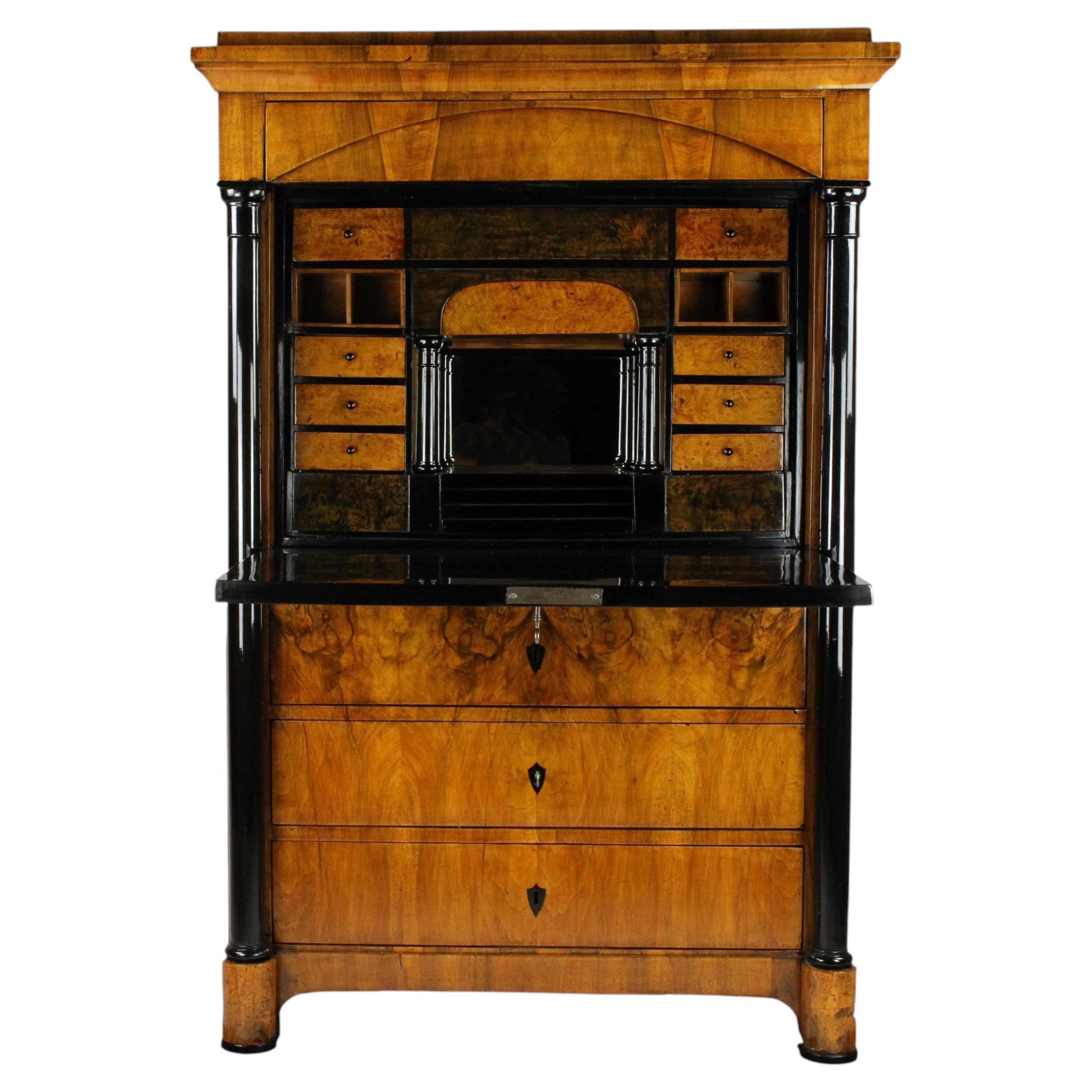 19th Century German Biedermeier standing secretary desk walnut veneer