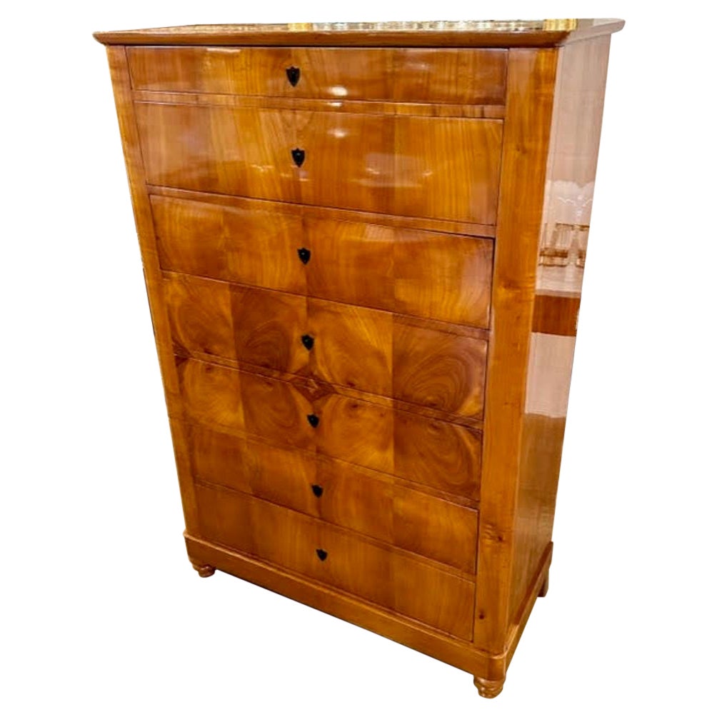 Cómoda alta de madera de cerezo Biedermeier alemana del siglo XIX