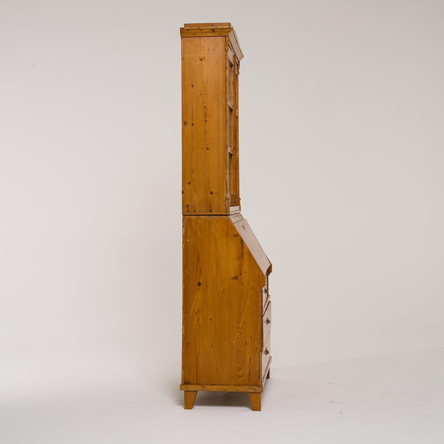 Hand-Carved 19th Century German Biedermeier Two Part Pine Bureau - Antique Secretary For Sale