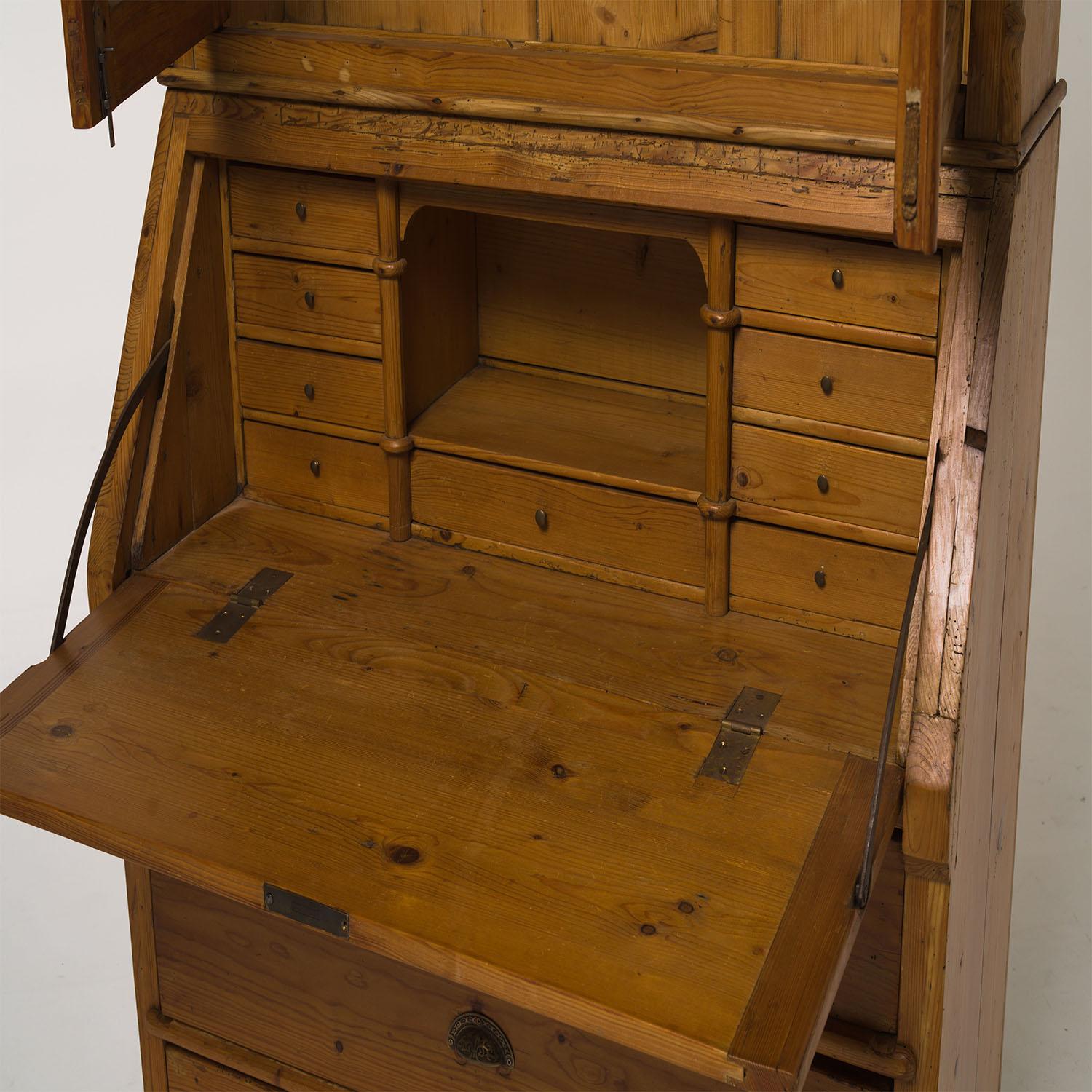 Glass 19th Century German Biedermeier Two Part Pine Bureau - Antique Secretary For Sale