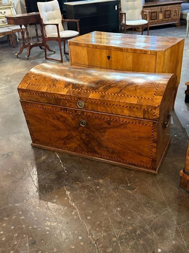 Handsome early 19th century south German Biedermeier walnut inlaid trunk. Beautiful finish and gorgeous inlaid pattern. Fabulous!!