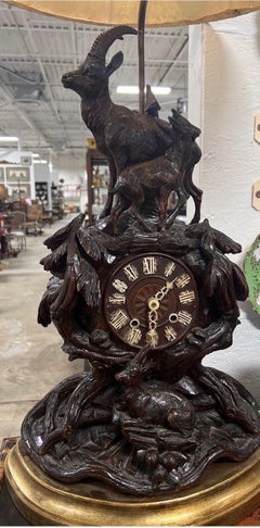 19th Century German Black Forest Carved Clock Mounted Lamp - No shade