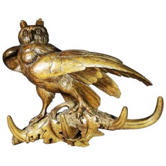 Antique 19th Century German Black Forest Carved Lindenwood Owl Coat Rack