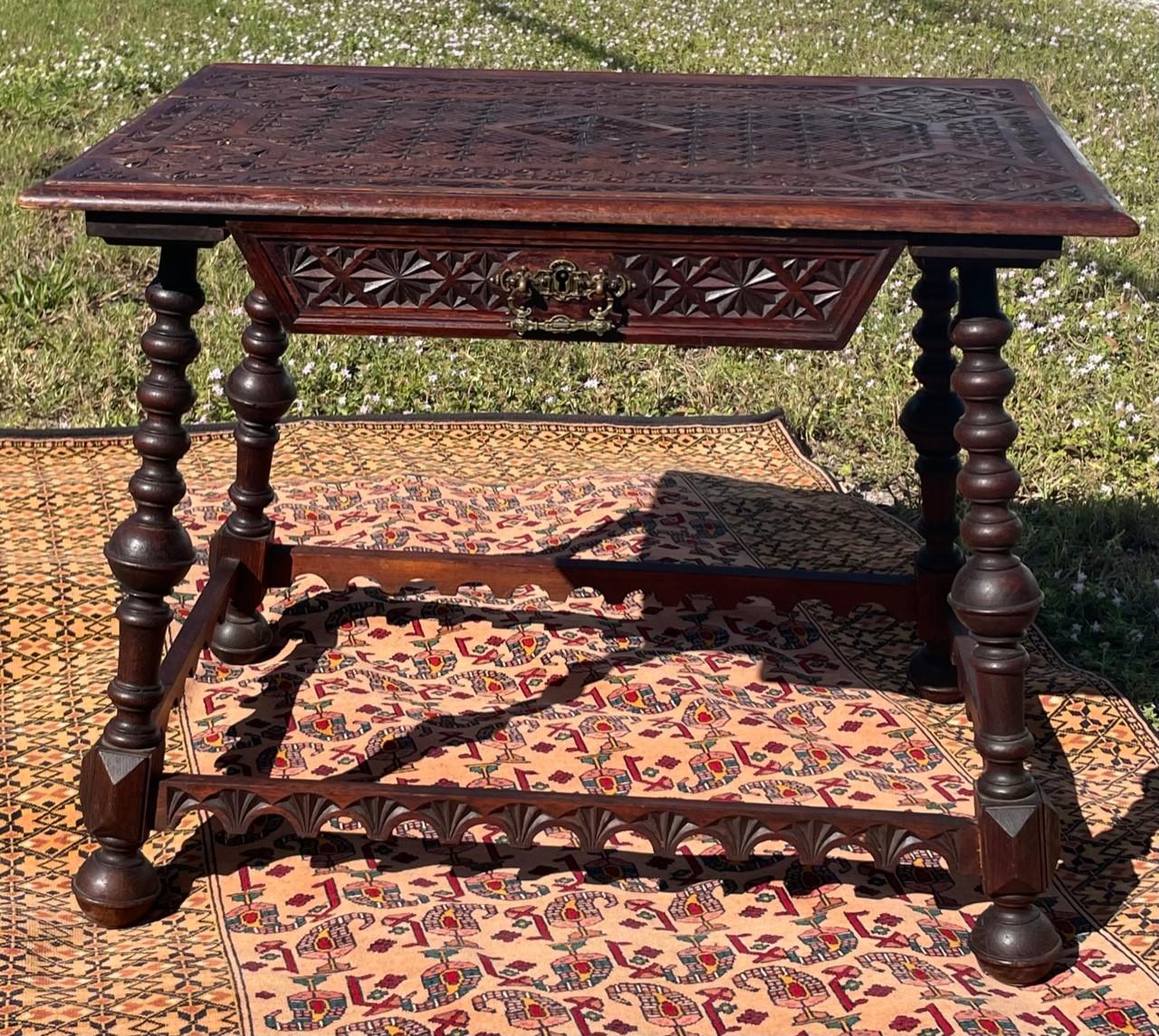 19th Century German Black Forest Chip-Carved Suite Desk with Drawer and Chair For Sale 6
