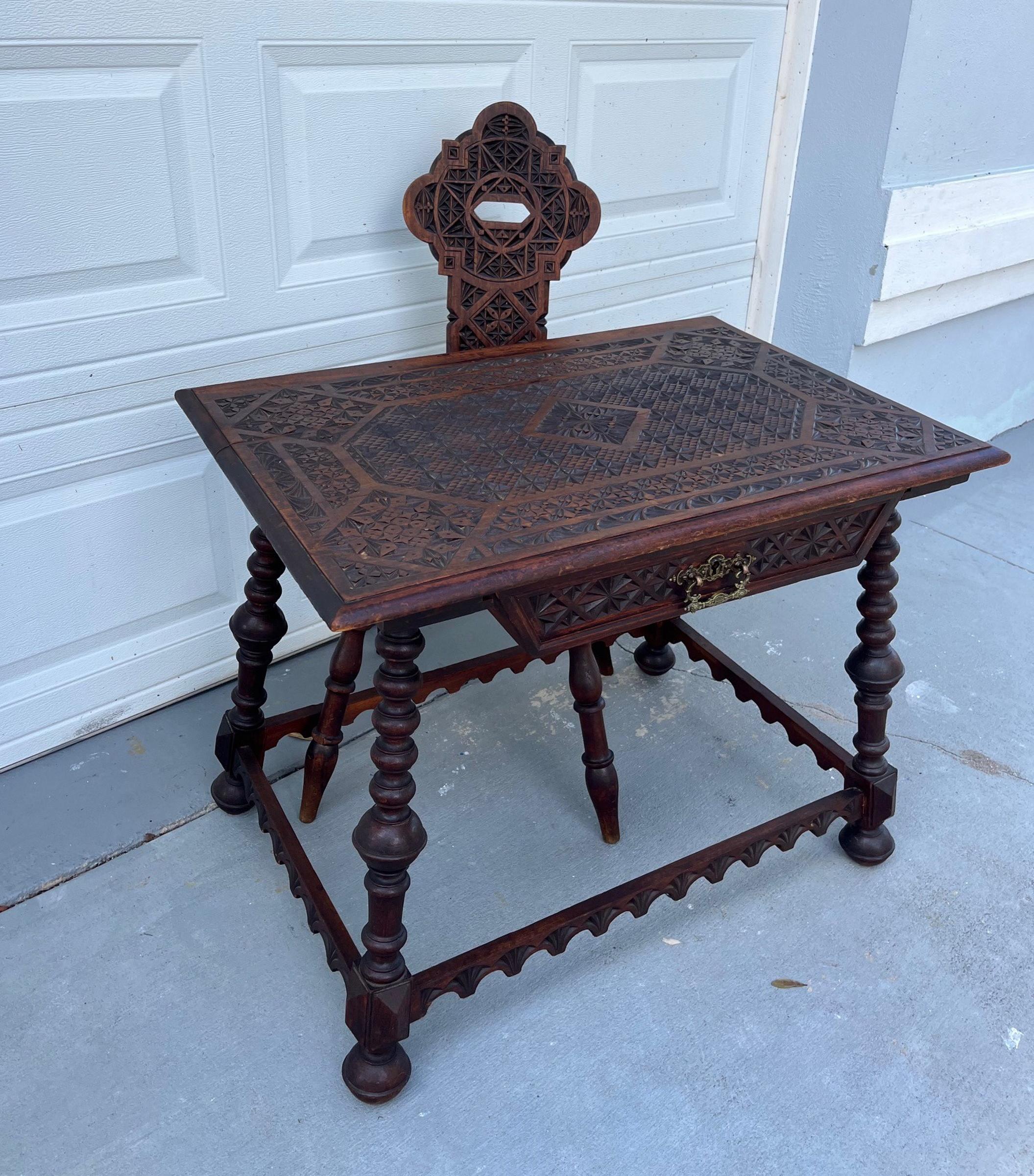 19th Century German Black Forest Chip-Carved Suite Desk with Drawer and Chair For Sale 12