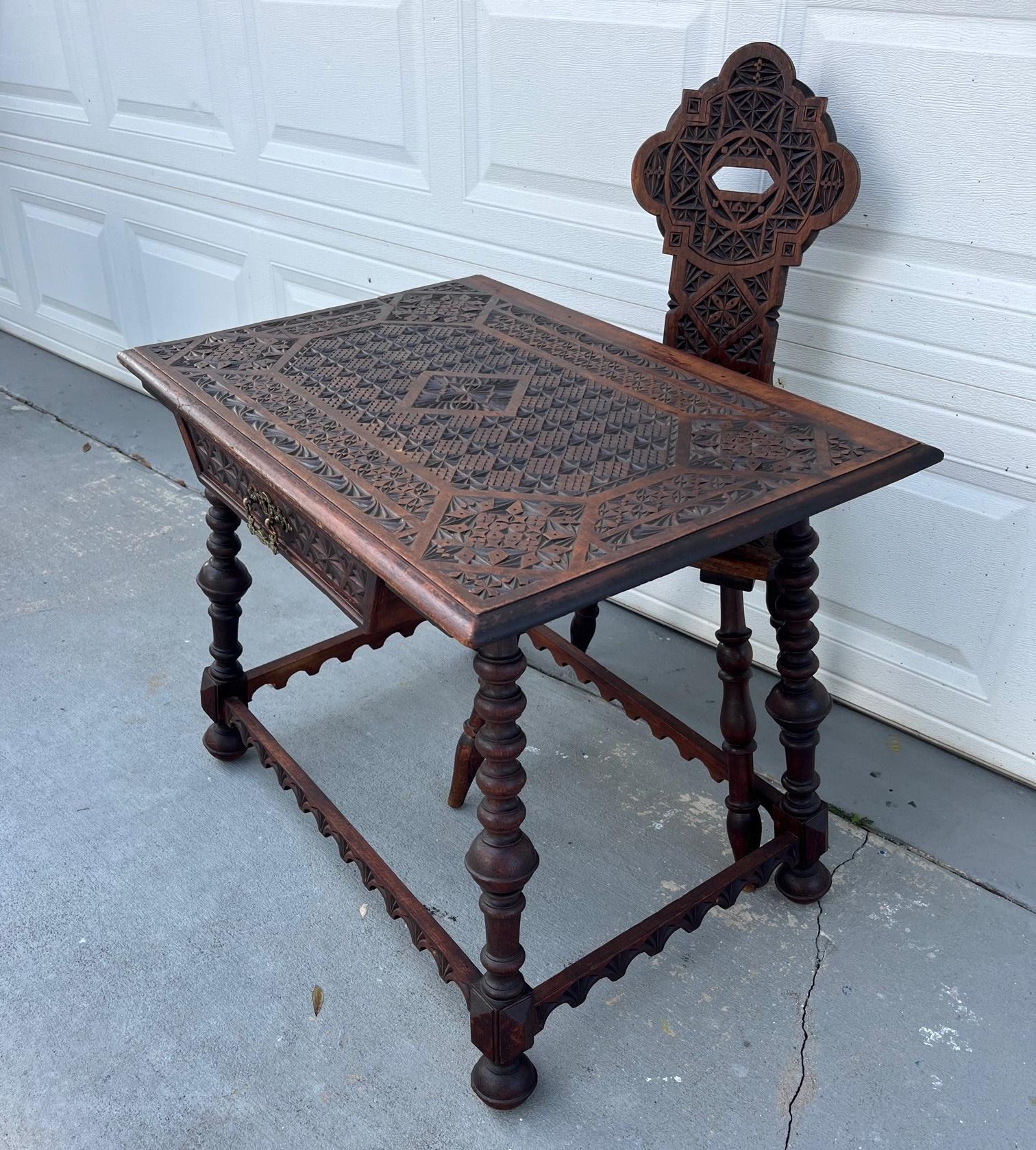 19th century German black forest chip-carved suite desk with drawer and chair.

Impressive and extremely rare Black Forest desk and chair. The rectangular surface is crafted in chip-carving, also known as Kerbschnitt technique. The intricate