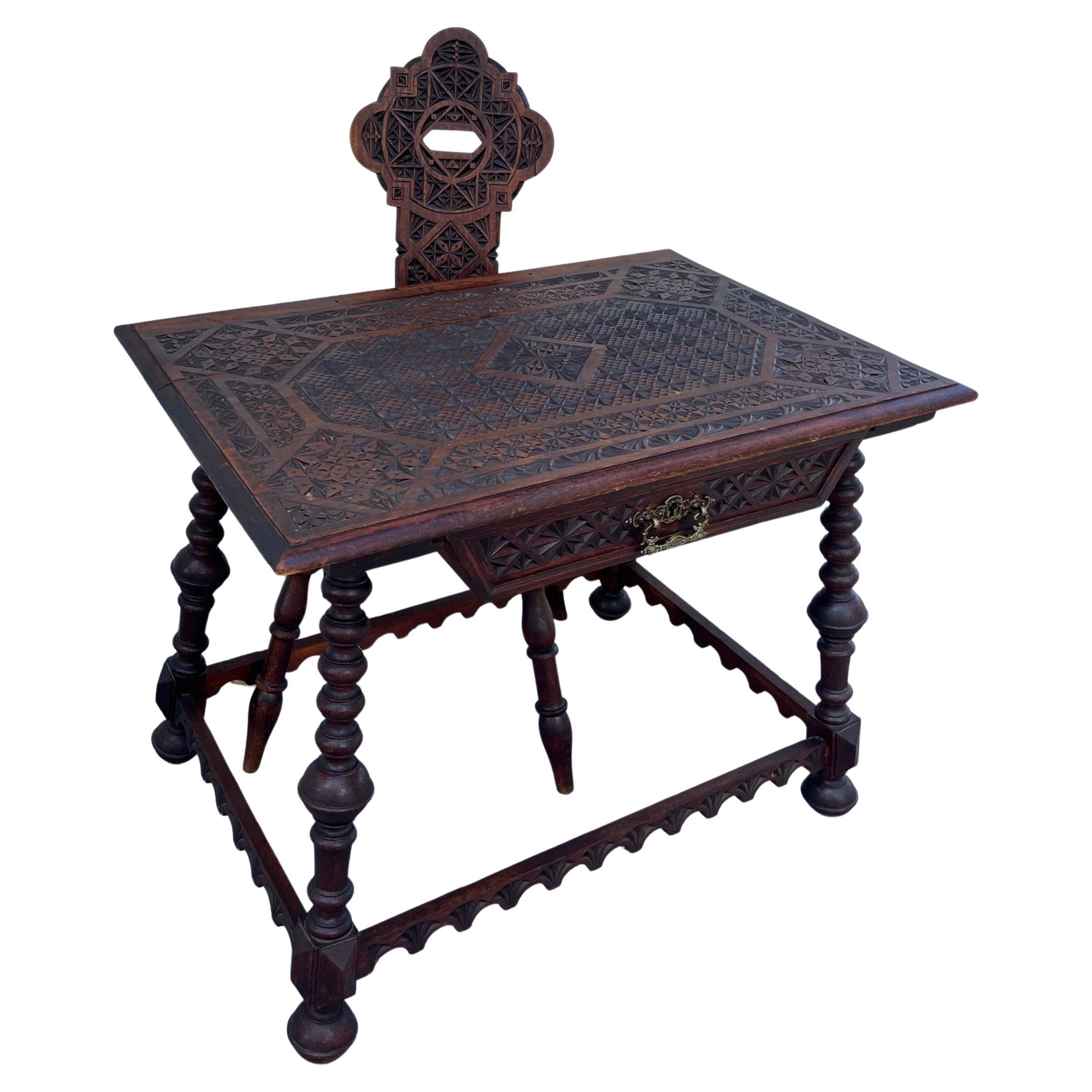 19th Century German Black Forest Chip-Carved Suite Desk with Drawer and Chair