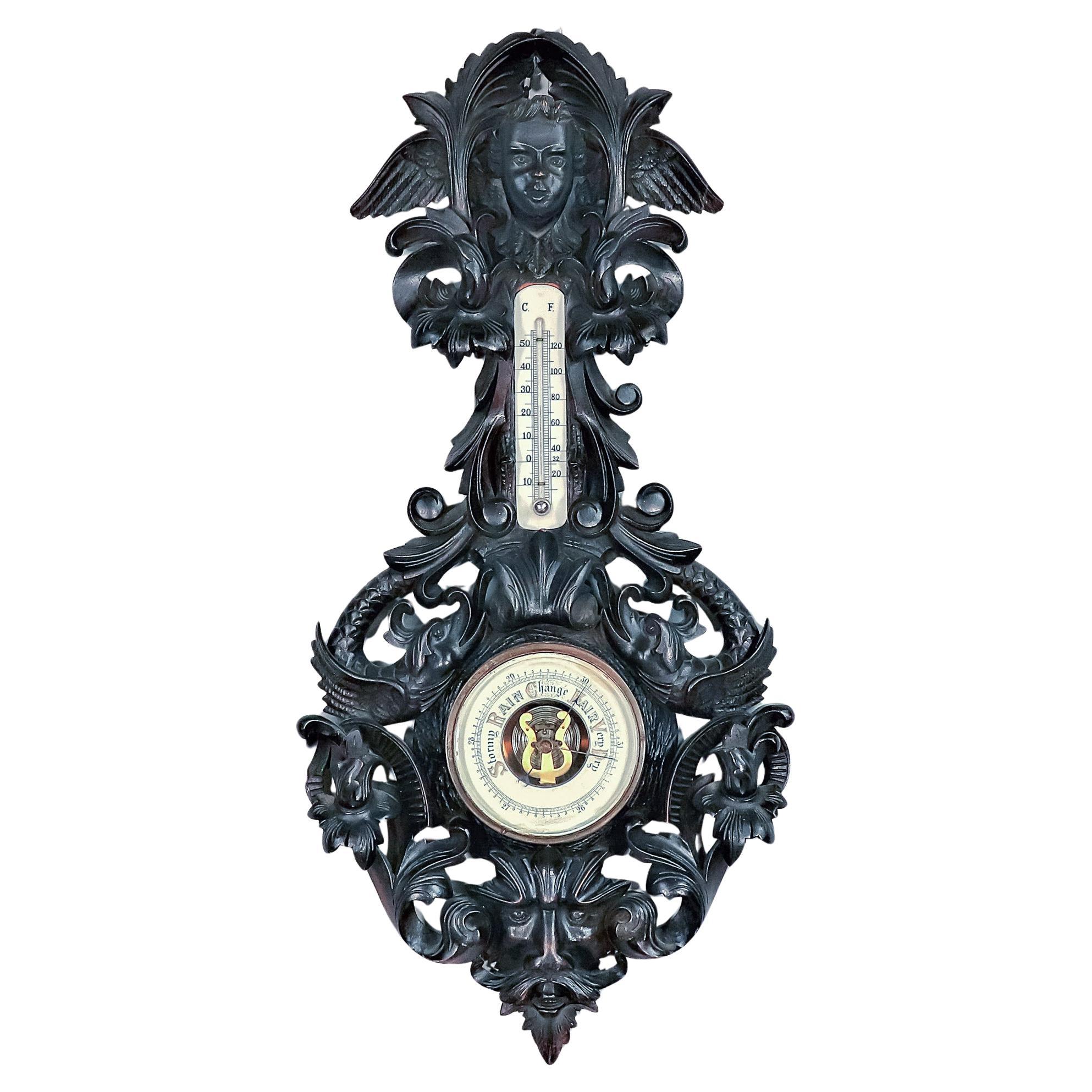 19th Century German Black Forest Style Ebonized Walnut Thermometer-Barometer