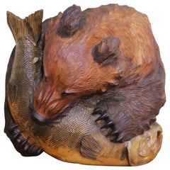 19th Century German Black Forest Walnut Bear and Fish Carved Wall Sculpture