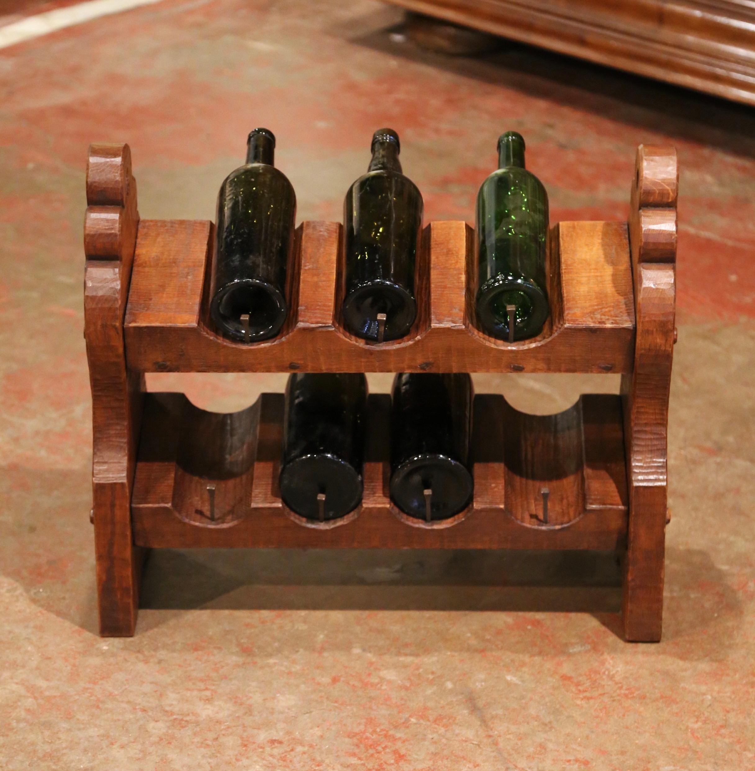 Rustic 19th Century German Carved Oak Eight-Bottle Counter Wine Rack For Sale