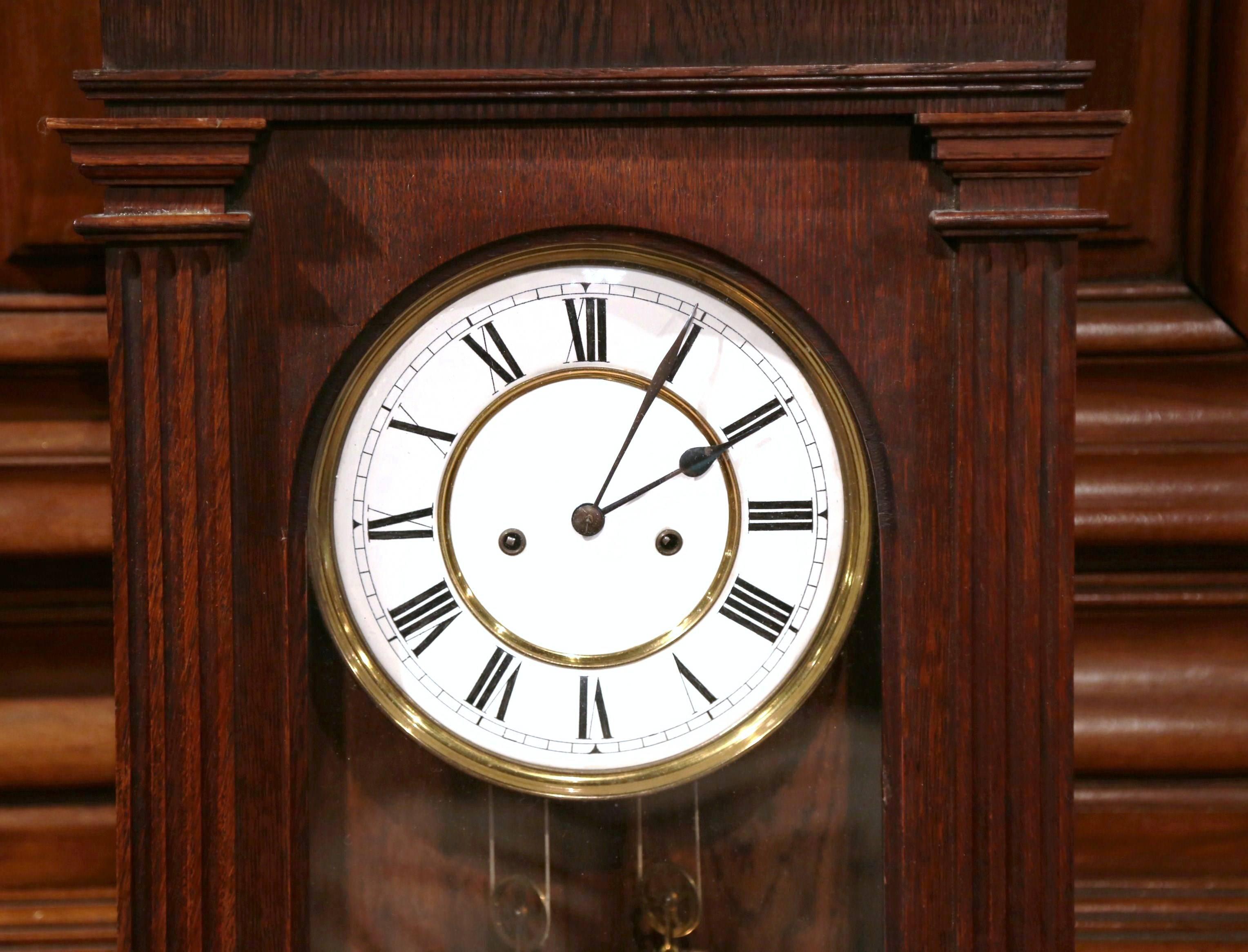 19th Century German Carved Oak Lenzkirch Wall Clock in Working Order In Excellent Condition In Dallas, TX